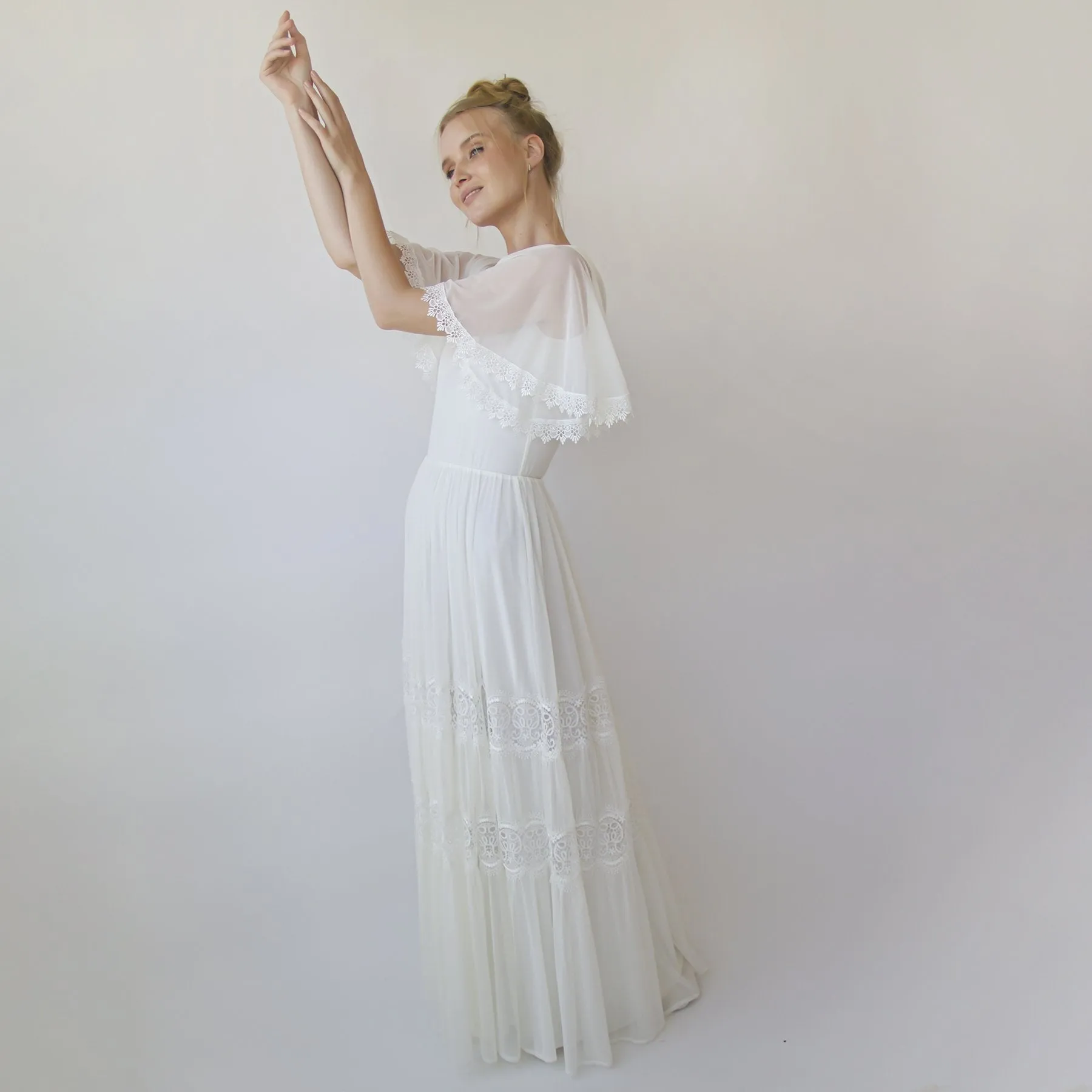 Romantic, Vintage Butterfly Chiffon Sleeves Ivory Wedding Dress #1348