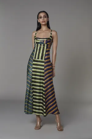 Saaksha & KinniÂ    I   Green/purple, green/black, orange/yellow 3 stripe dress Satin Green / Purple SS22033