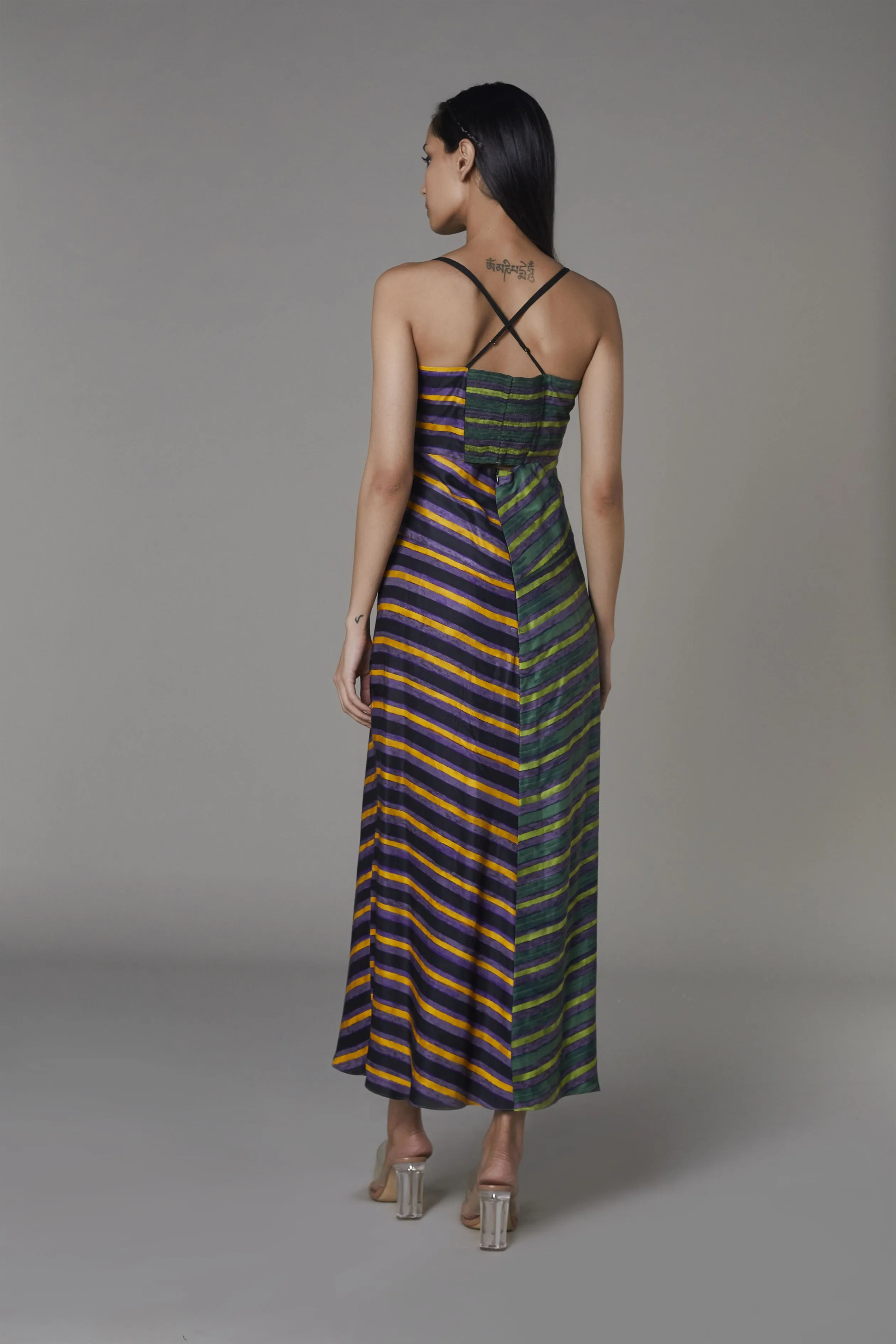 Saaksha & KinniÂ    I   Green/purple, green/black, orange/yellow 3 stripe dress Satin Green / Purple SS22033