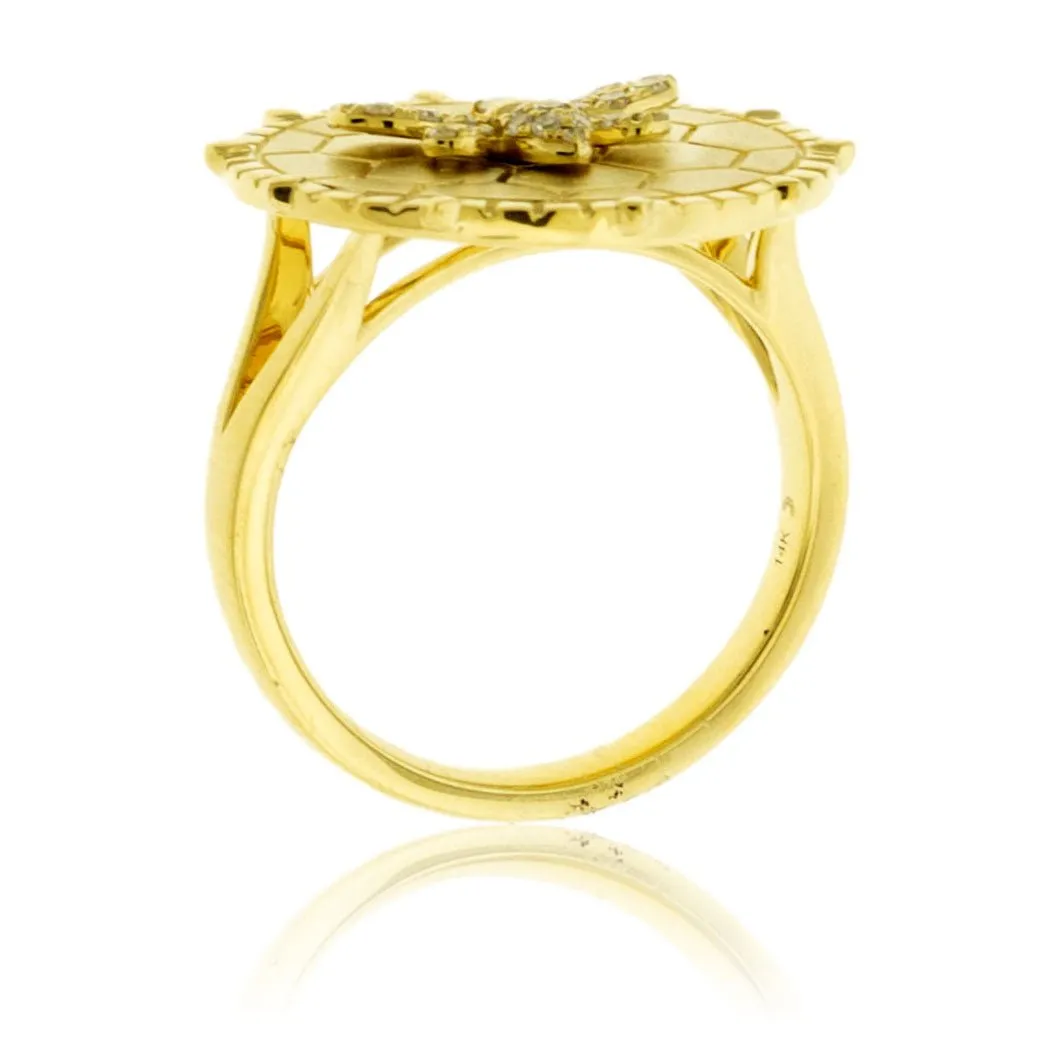 Satin Finish Flush Set Diamond Bee & Honeycomb Disc Ring
