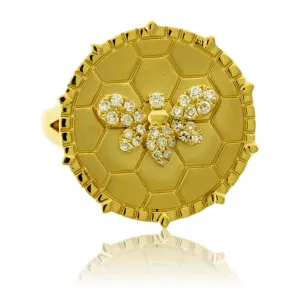 Satin Finish Flush Set Diamond Bee & Honeycomb Disc Ring