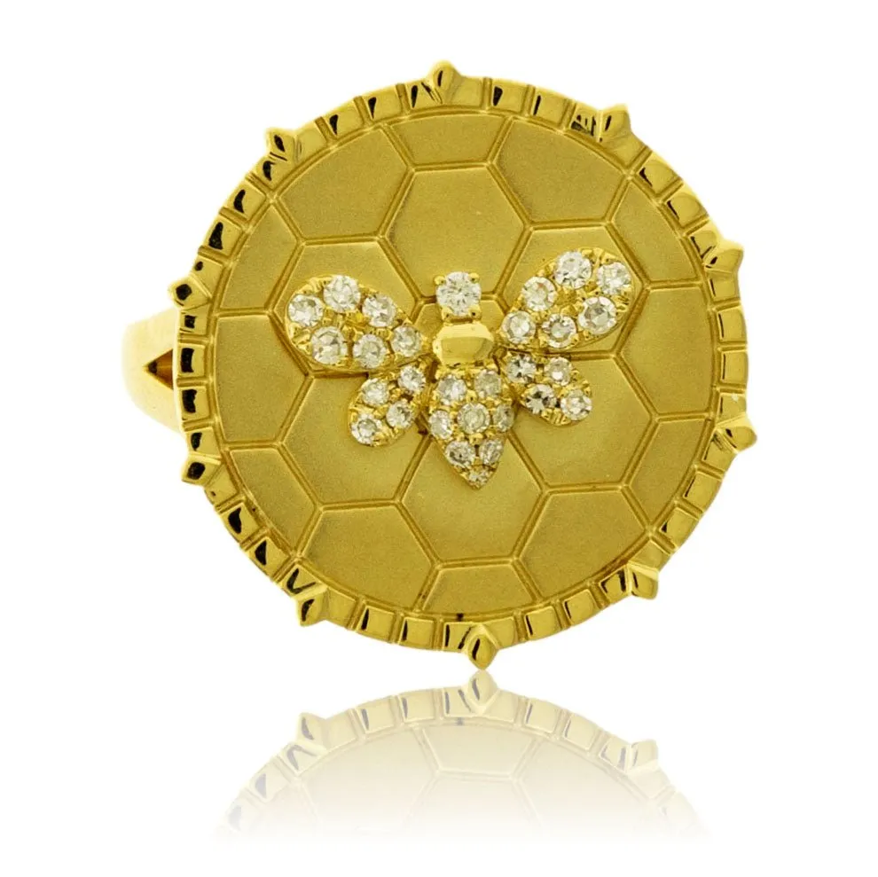 Satin Finish Flush Set Diamond Bee & Honeycomb Disc Ring