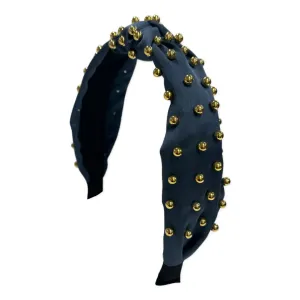 Satin Gold Ball Knot Headband - Blue