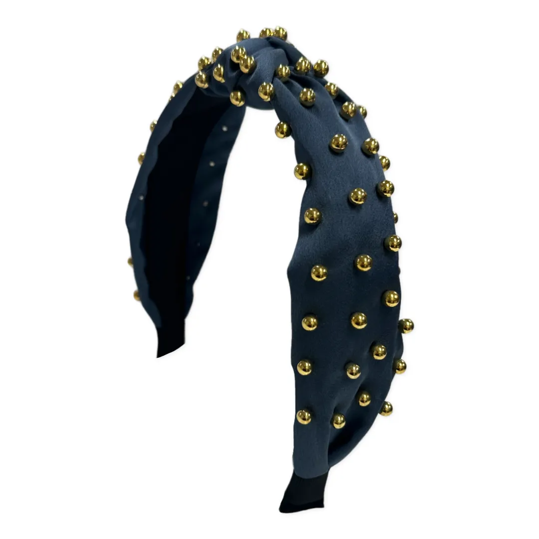Satin Gold Ball Knot Headband - Blue