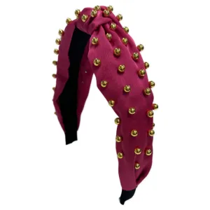 Satin Gold Ball Knot Headband - Hot Pink