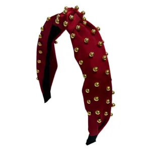 Satin Gold Ball Knot Headband - Red