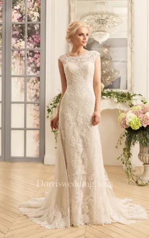 Sheath Cap-Sleeve Illusion Lace Dress With Appliques-714432