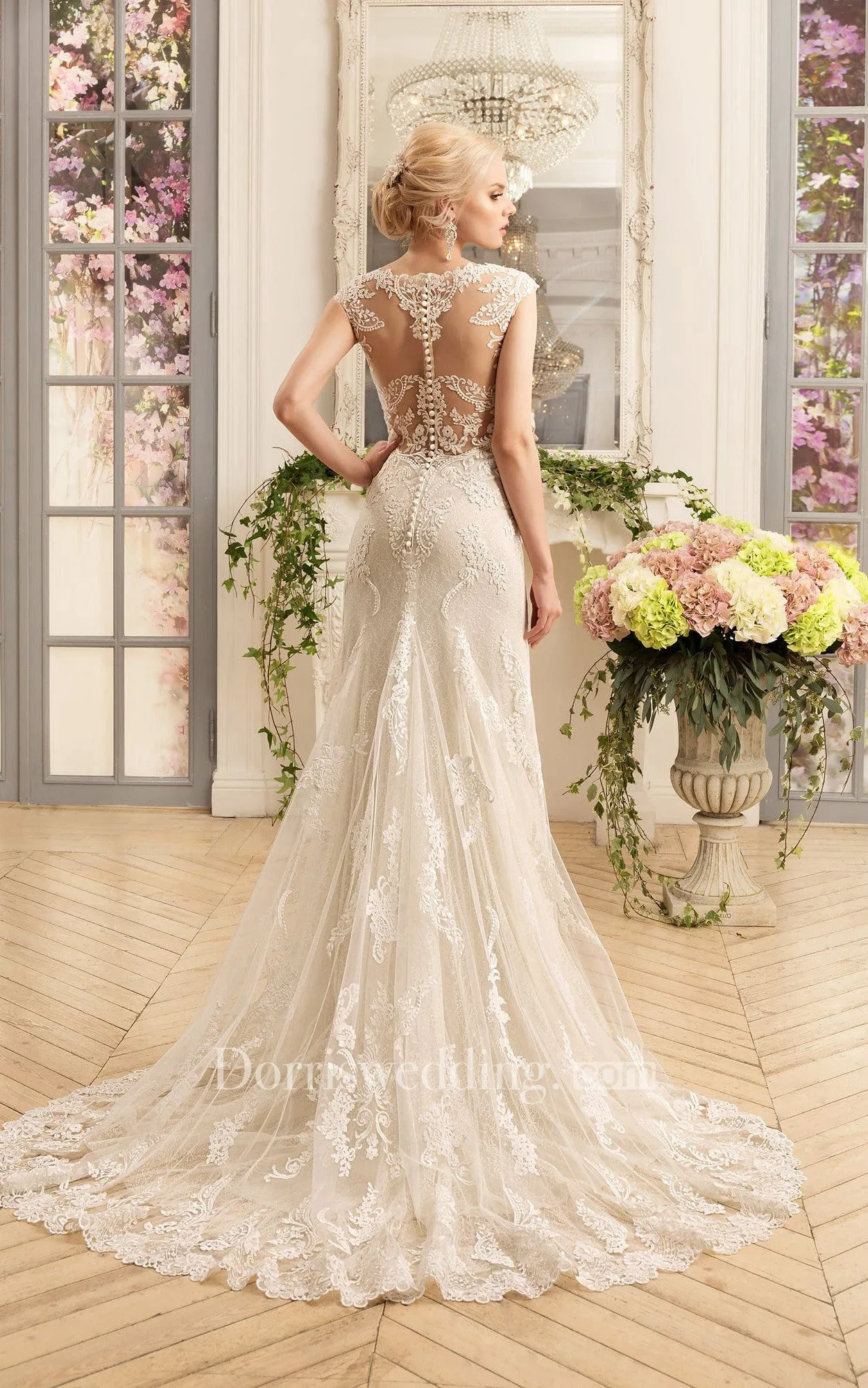 Sheath Cap-Sleeve Illusion Lace Dress With Appliques-714432