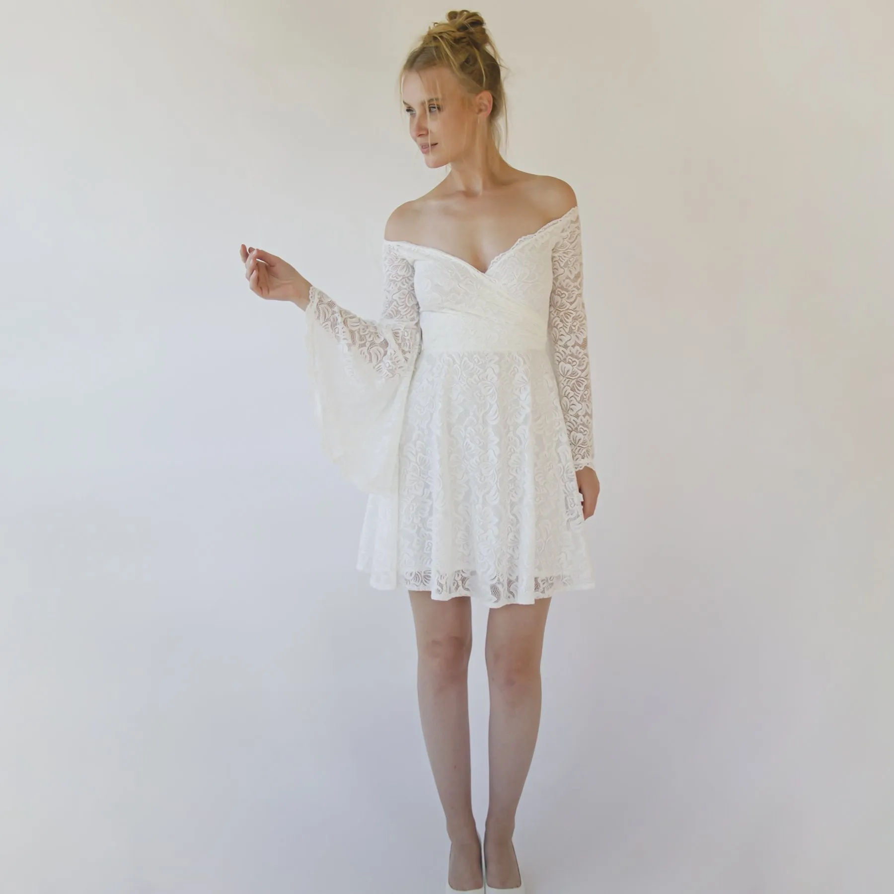 Short wedding dress, Off the shoulder mini length wedding dress with bell sleeves  #1370
