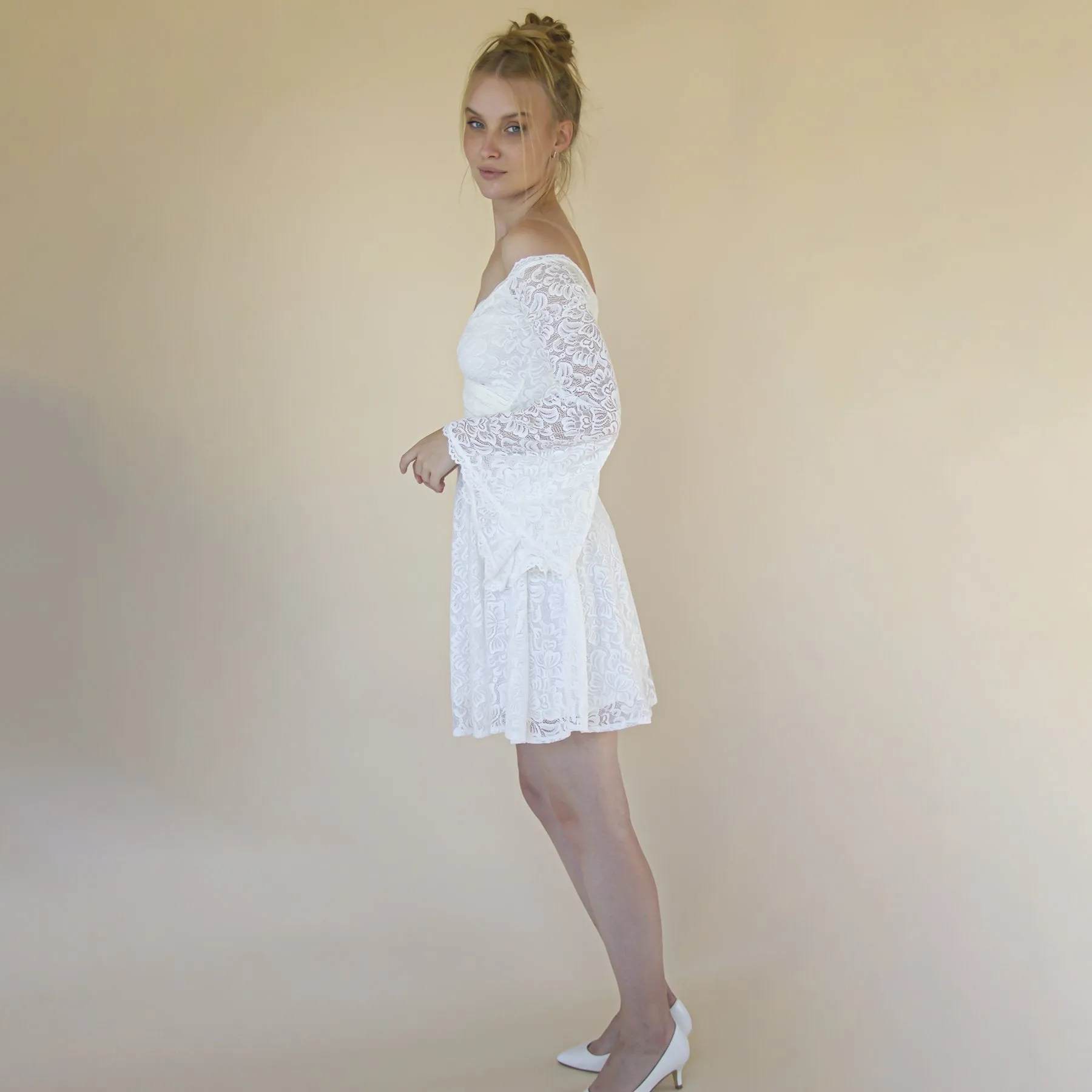 Short wedding dress, Off the shoulder mini length wedding dress with bell sleeves  #1370