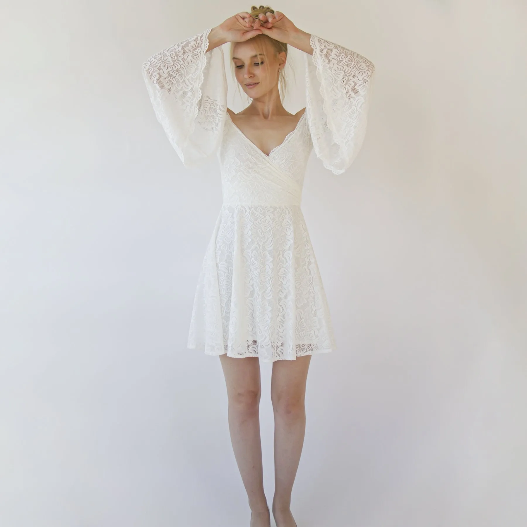 Short wedding dress, Off the shoulder mini length wedding dress with bell sleeves  #1370