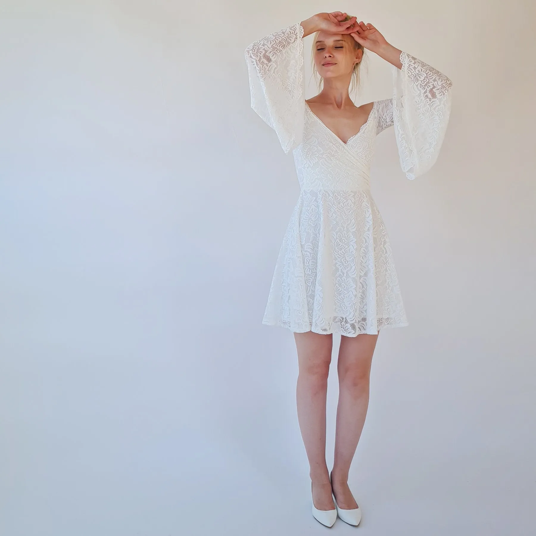 Short wedding dress, Off the shoulder mini length wedding dress with bell sleeves  #1370