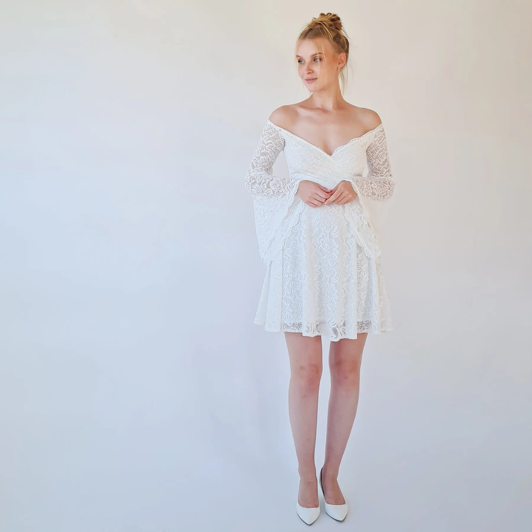 Short wedding dress, Off the shoulder mini length wedding dress with bell sleeves  #1370