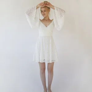 Short wedding dress, Off the shoulder mini length wedding dress with bell sleeves  #1370