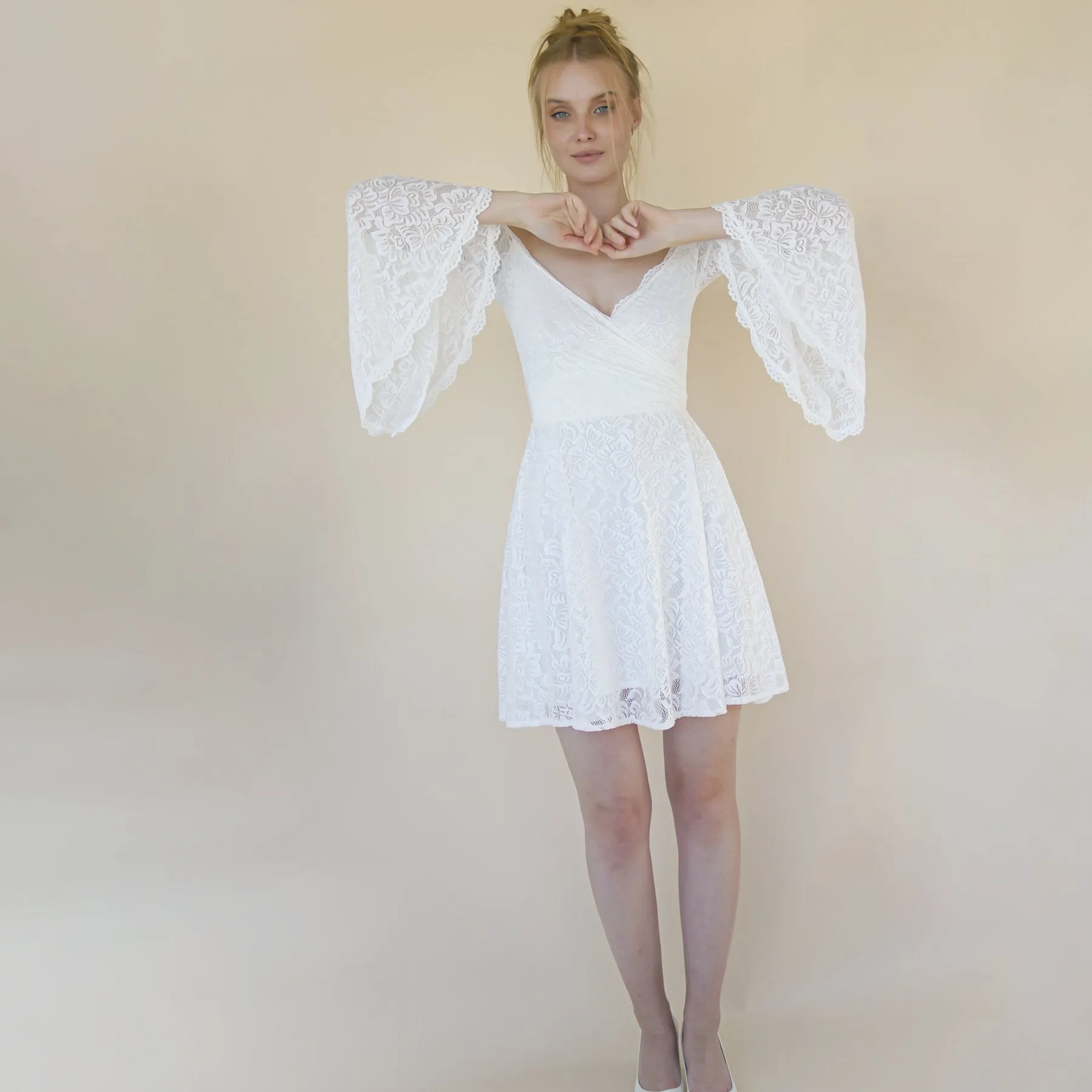 Short wedding dress, Off the shoulder mini length wedding dress with bell sleeves  #1370