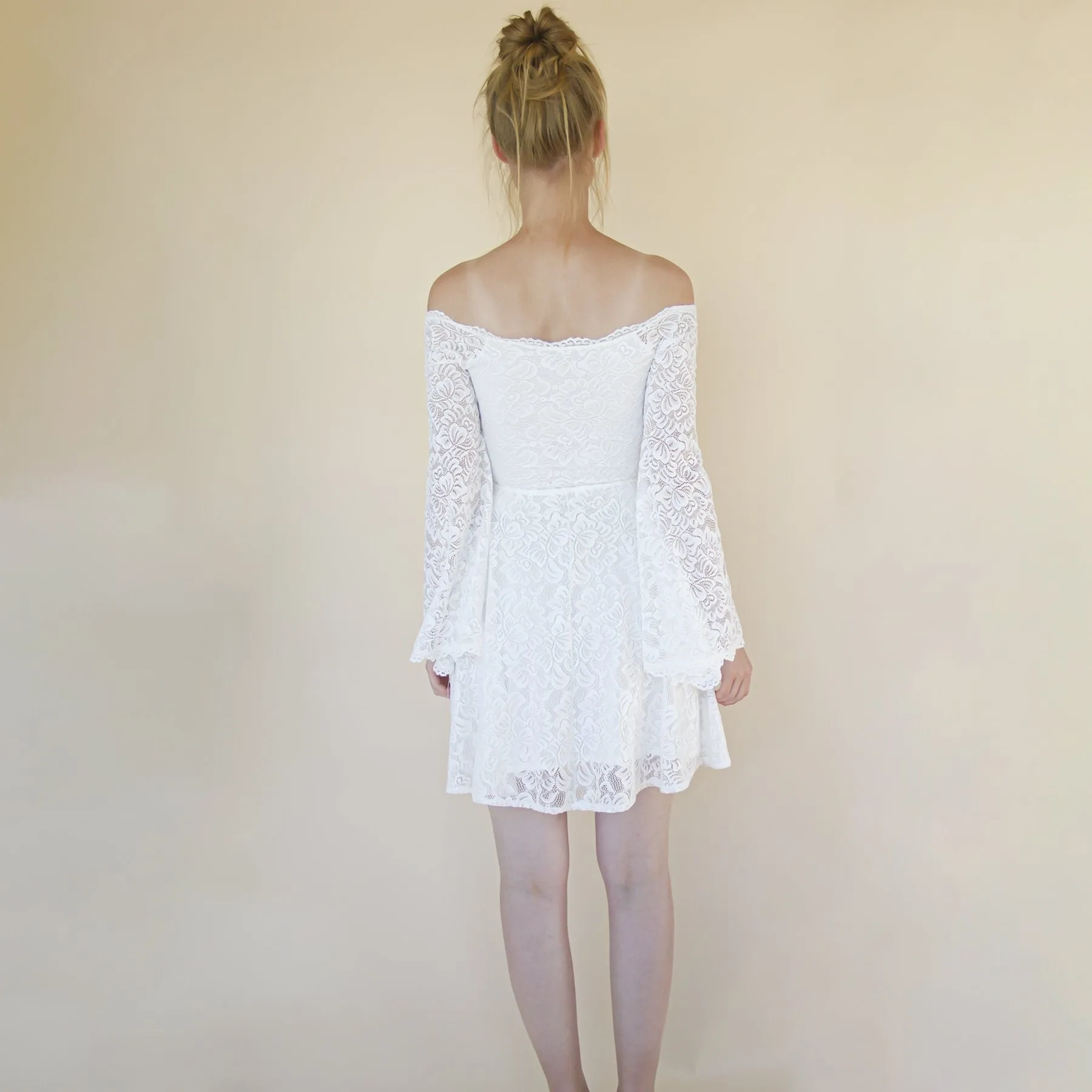 Short wedding dress, Off the shoulder mini length wedding dress with bell sleeves  #1370