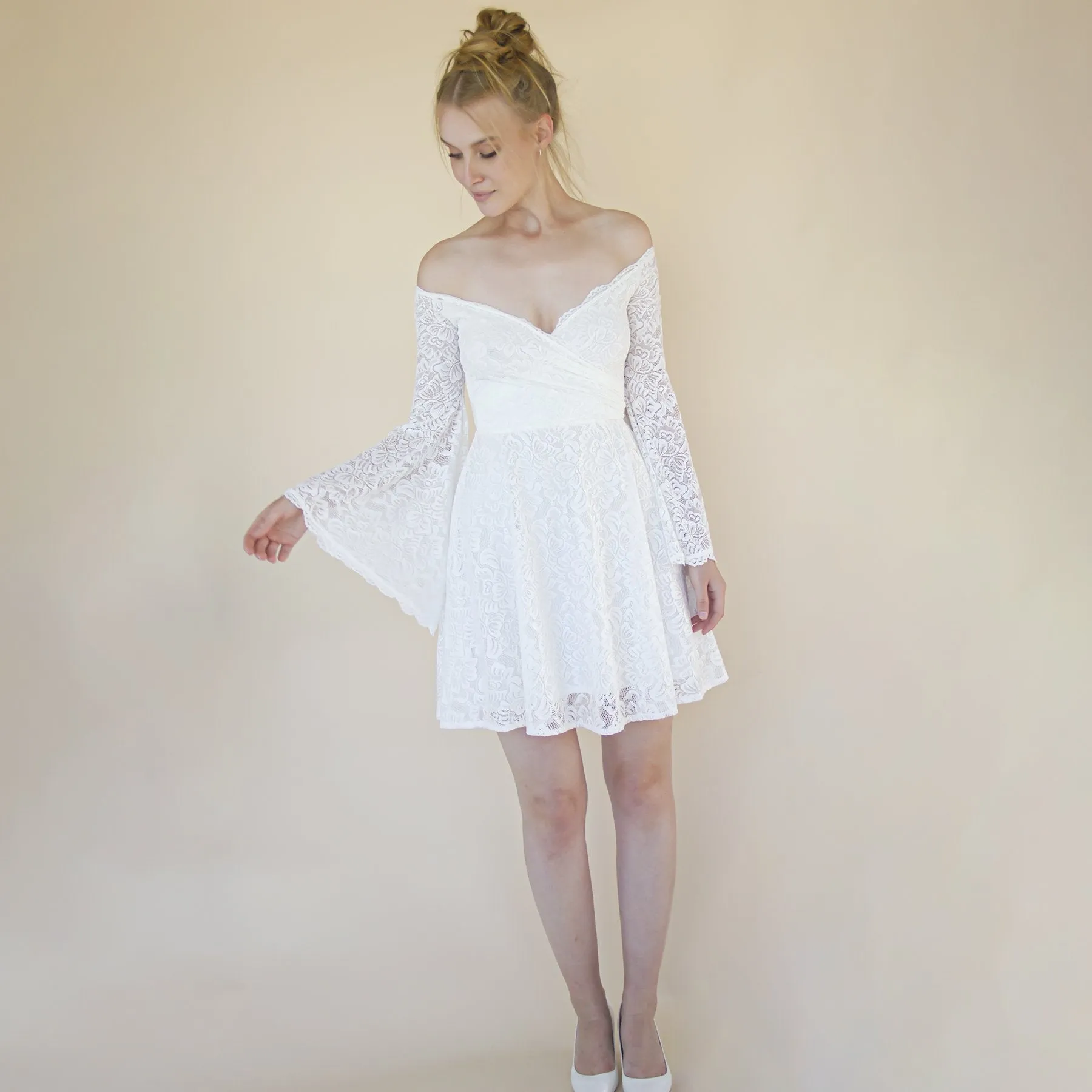 Short wedding dress, Off the shoulder mini length wedding dress with bell sleeves  #1370