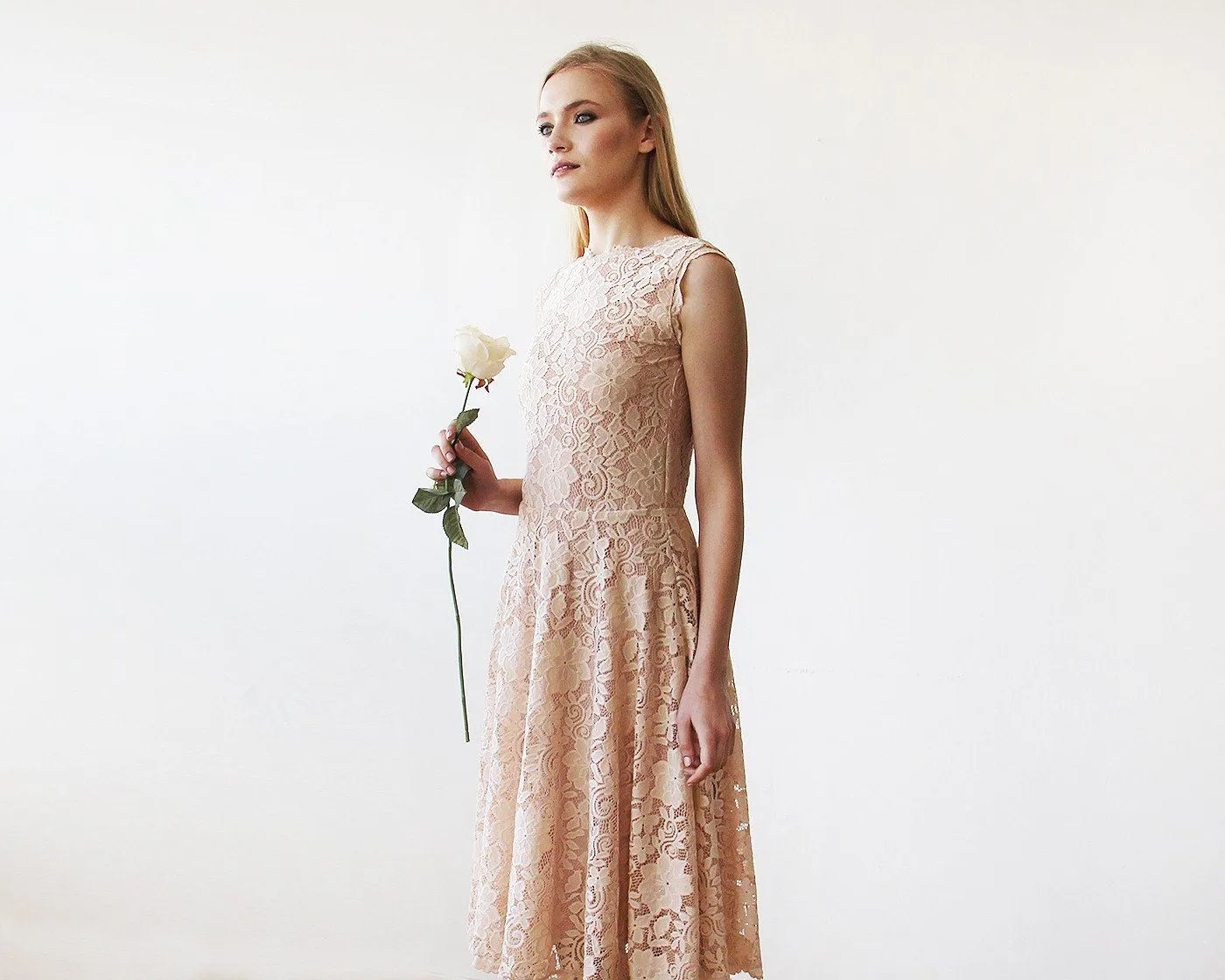 Short wedding dress ,Open back lace midi dress sleeveless pink blush  1143