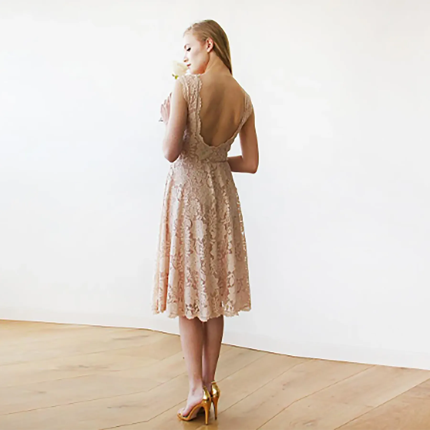 Short wedding dress ,Open back lace midi dress sleeveless pink blush  1143