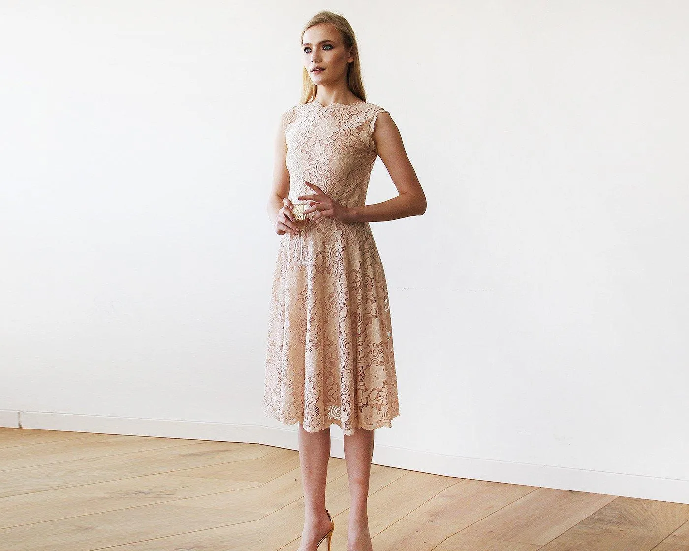 Short wedding dress ,Open back lace midi dress sleeveless pink blush  1143