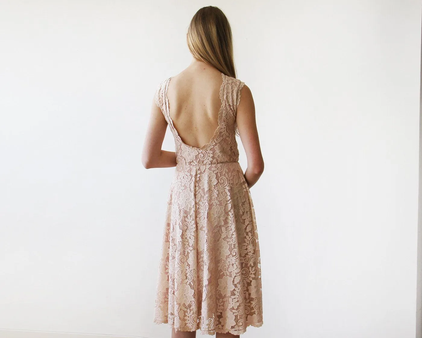 Short wedding dress ,Open back lace midi dress sleeveless pink blush  1143