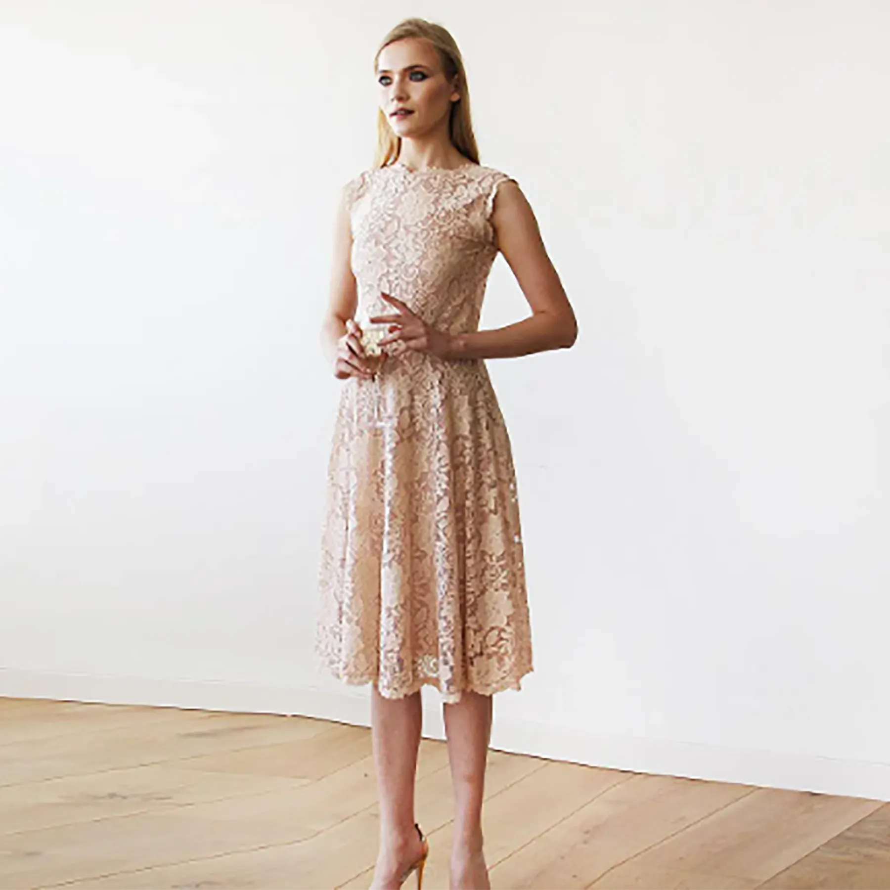 Short wedding dress ,Open back lace midi dress sleeveless pink blush  1143