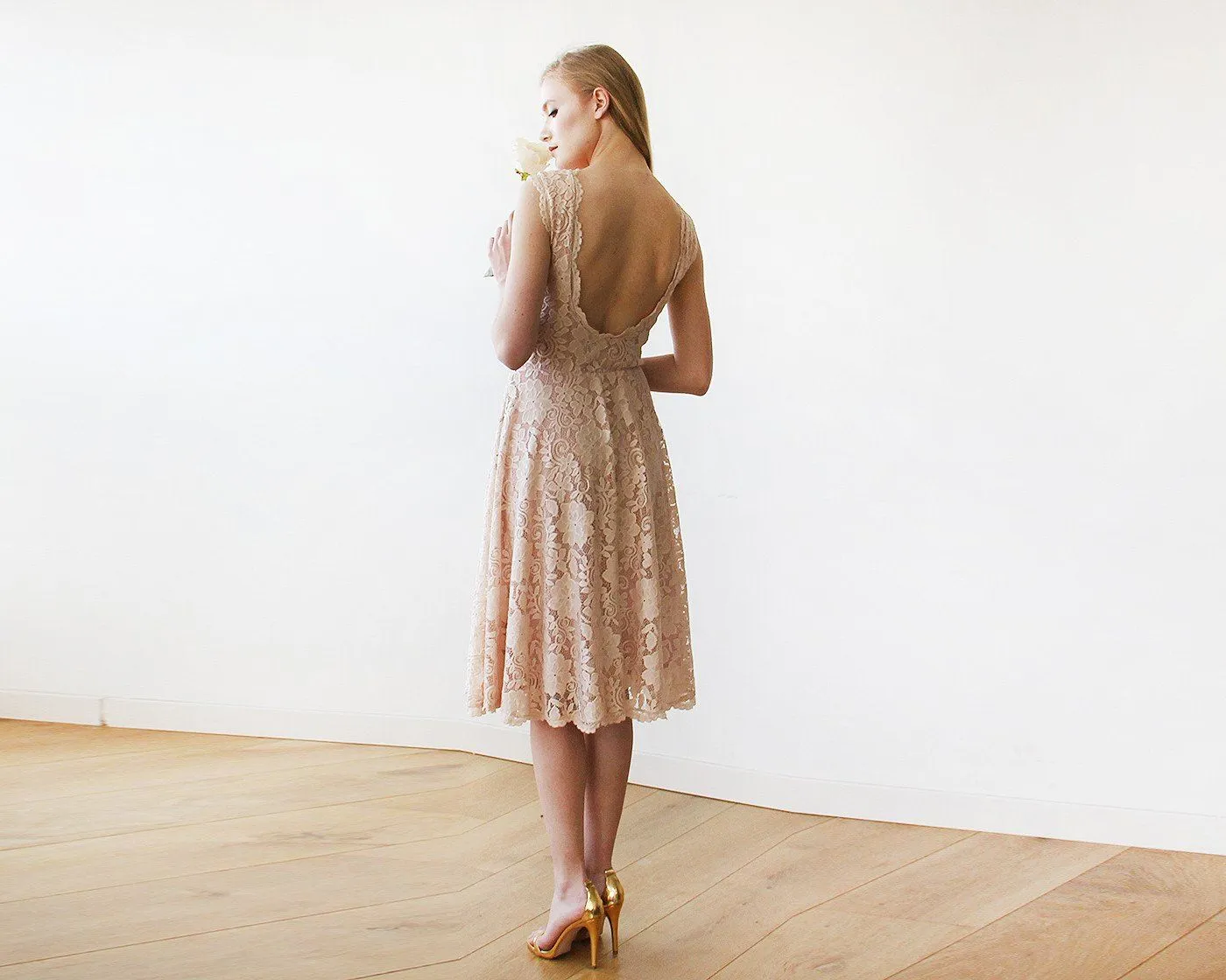 Short wedding dress ,Open back lace midi dress sleeveless pink blush  1143