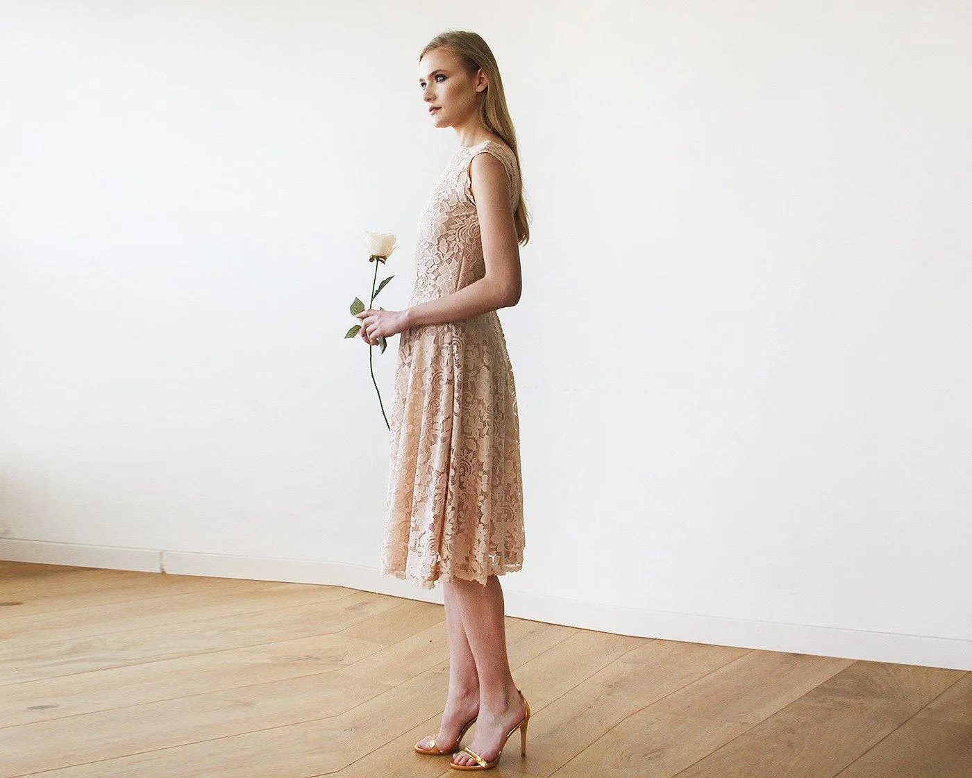 Short wedding dress ,Open back lace midi dress sleeveless pink blush  1143