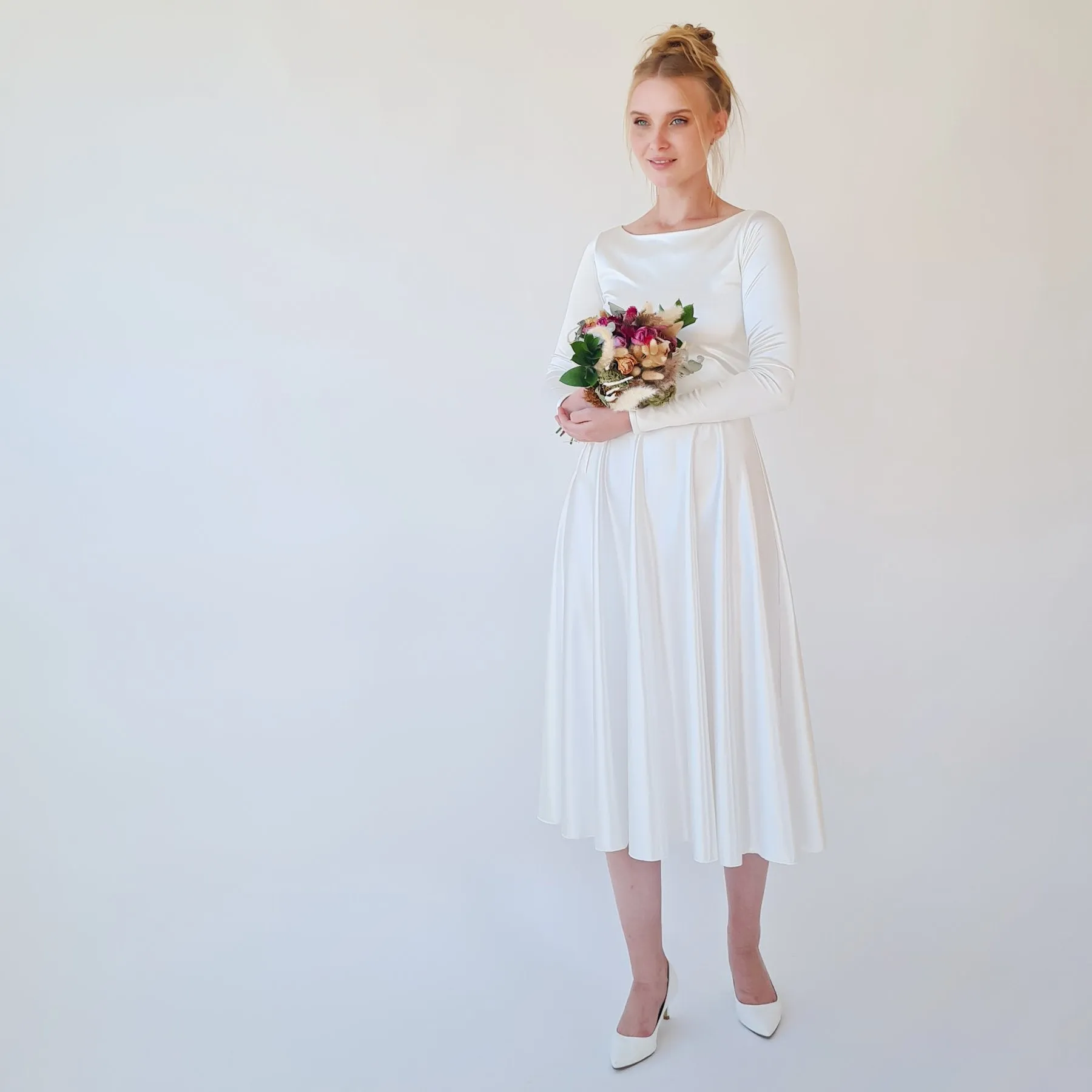Short wedding dress, Silky Satin Off the shoulder Midi Wedding Dress, #1359