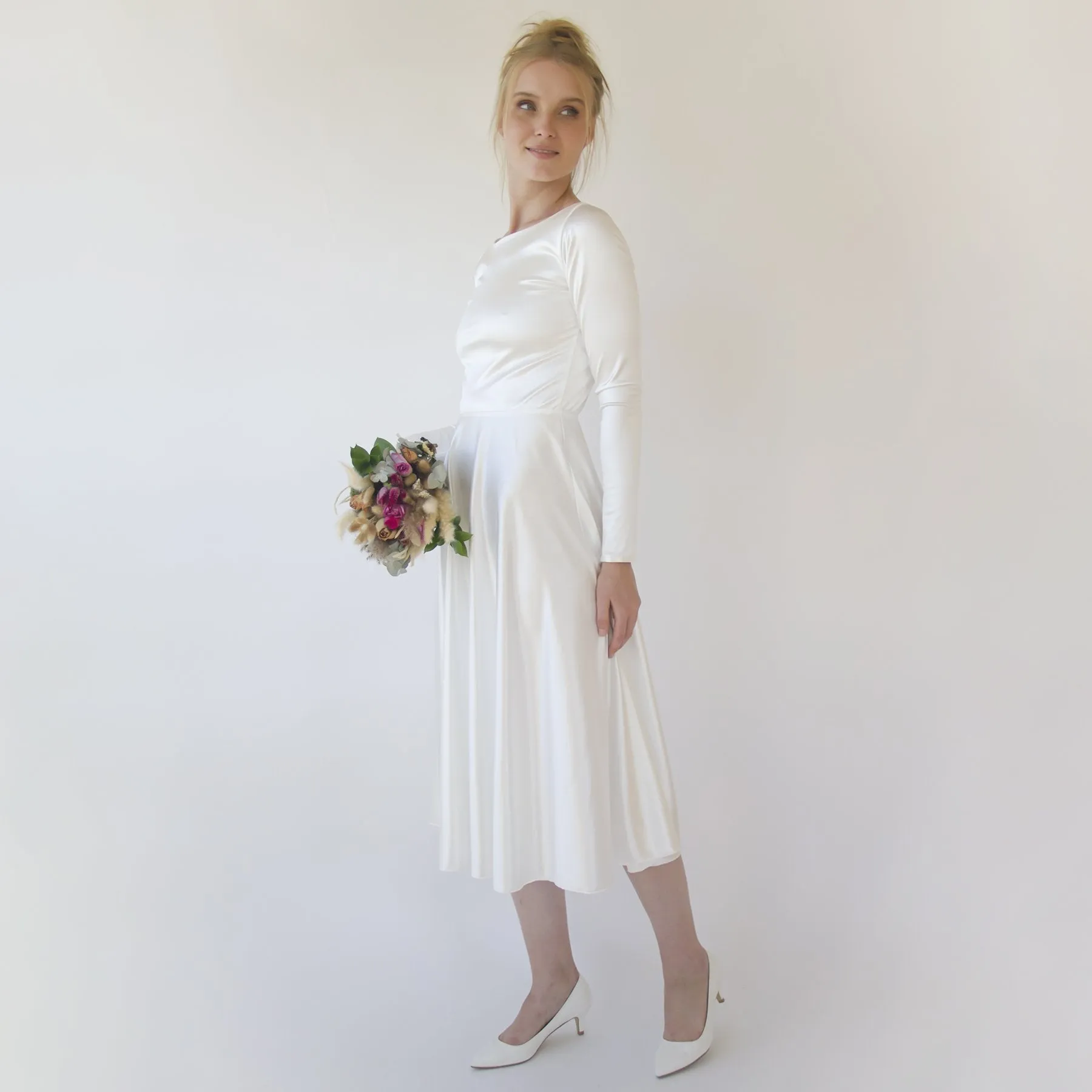 Short wedding dress, Silky Satin Off the shoulder Midi Wedding Dress, #1359
