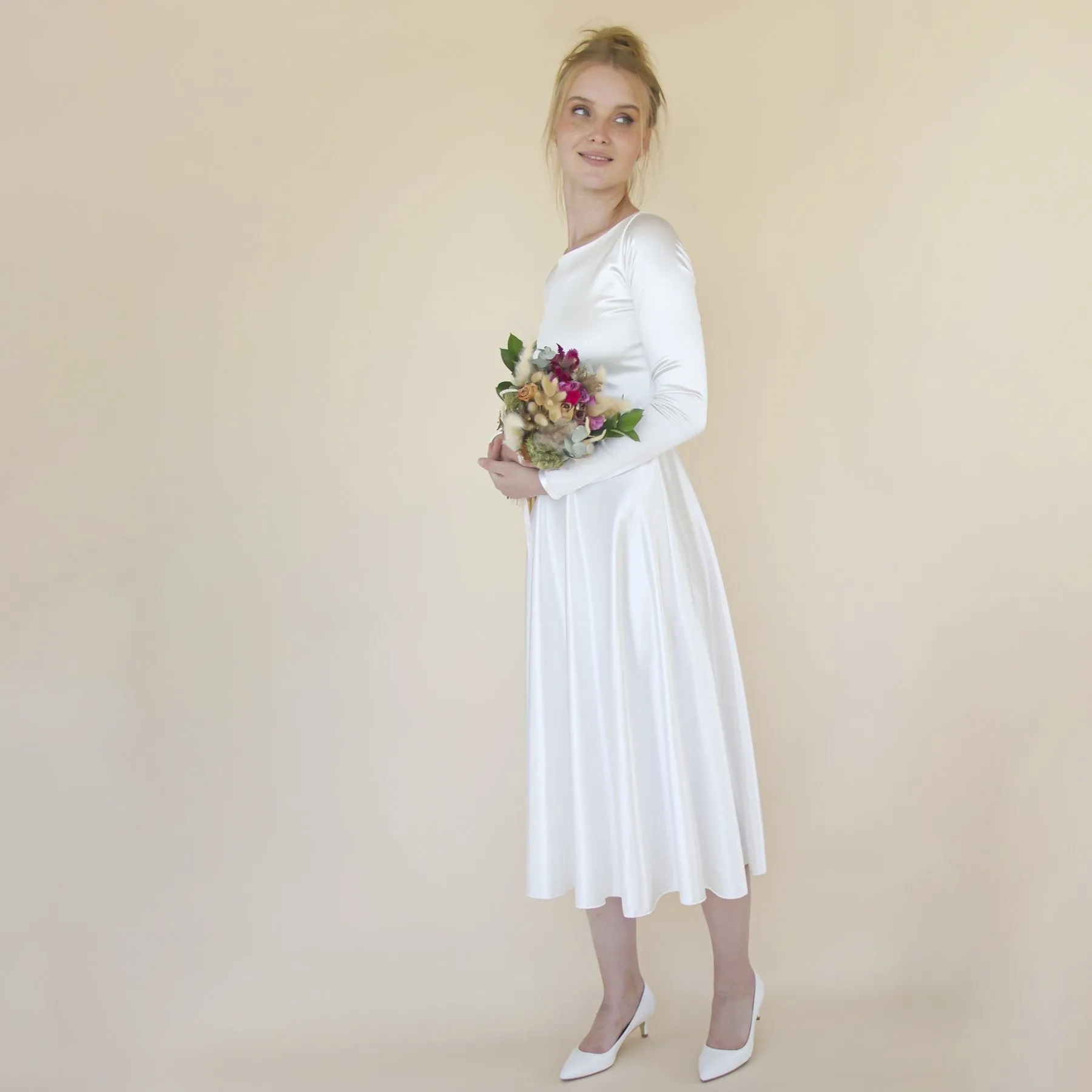 Short wedding dress, Silky Satin Off the shoulder Midi Wedding Dress, #1359