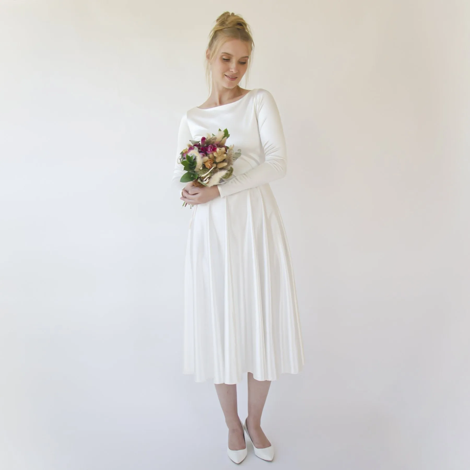 Short wedding dress, Silky Satin Off the shoulder Midi Wedding Dress, #1359