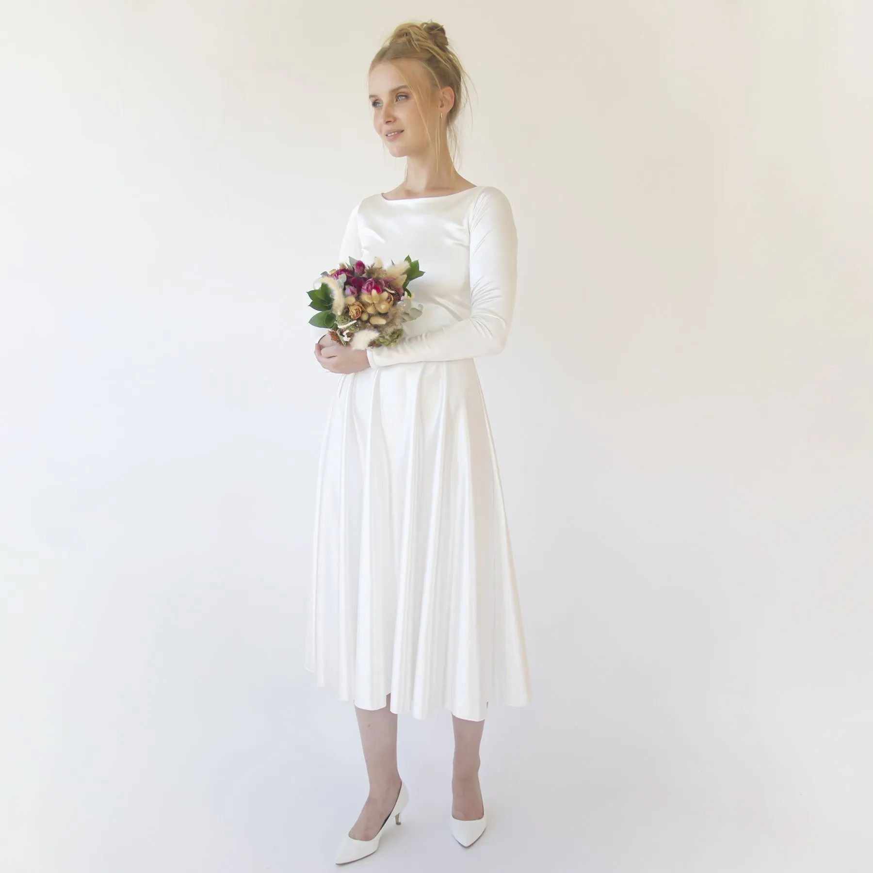 Short wedding dress, Silky Satin Off the shoulder Midi Wedding Dress, #1359