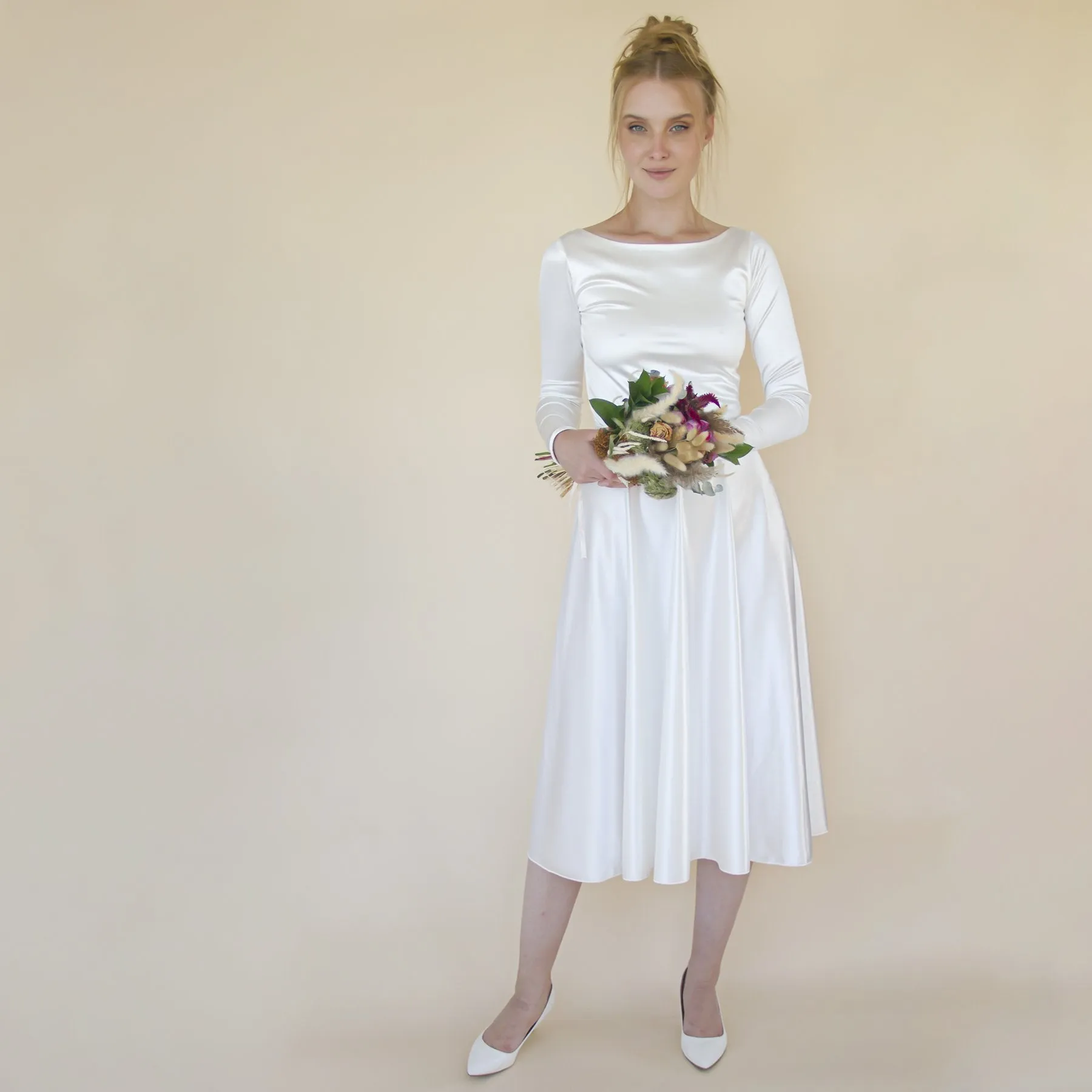 Short wedding dress, Silky Satin Off the shoulder Midi Wedding Dress, #1359