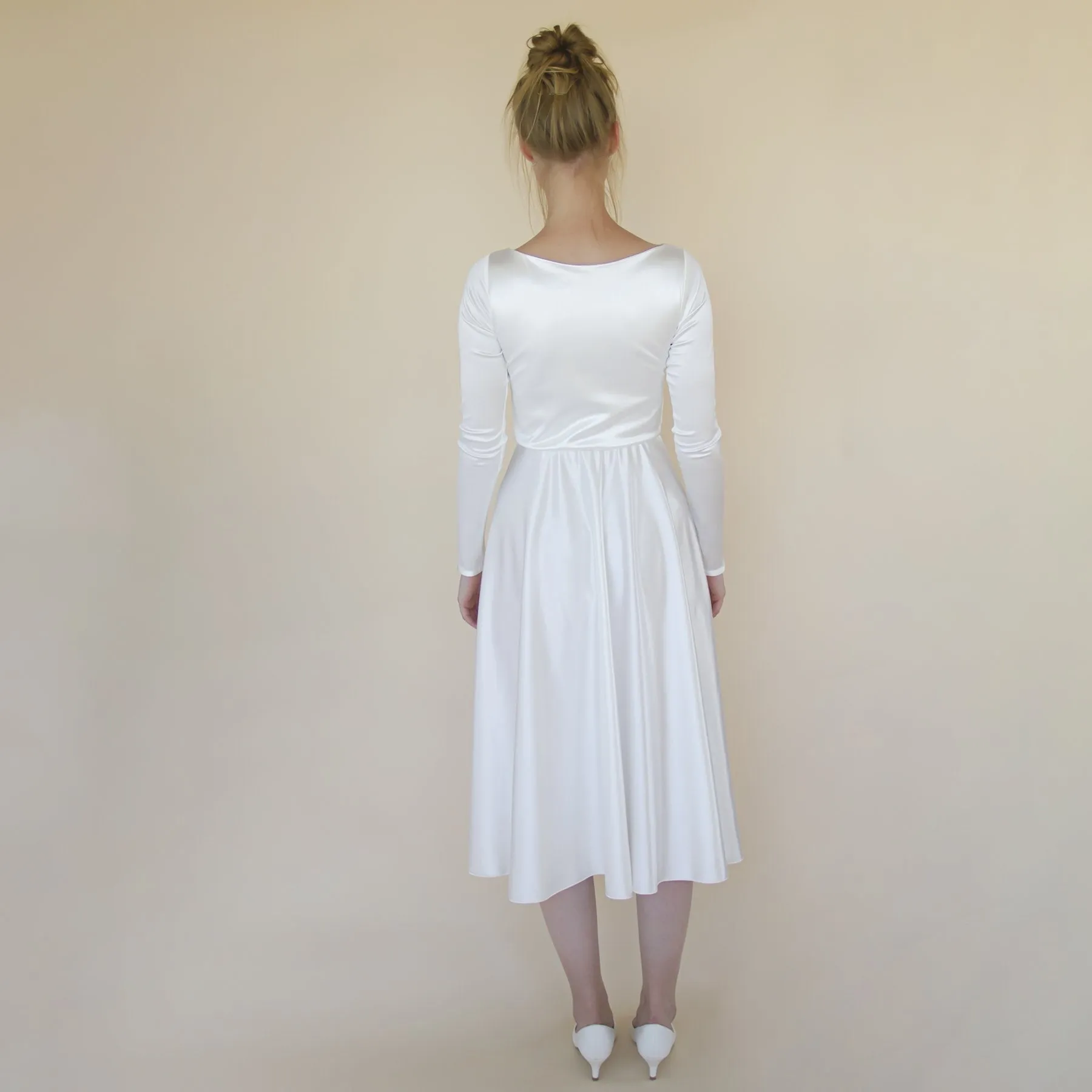 Short wedding dress, Silky Satin Off the shoulder Midi Wedding Dress, #1359