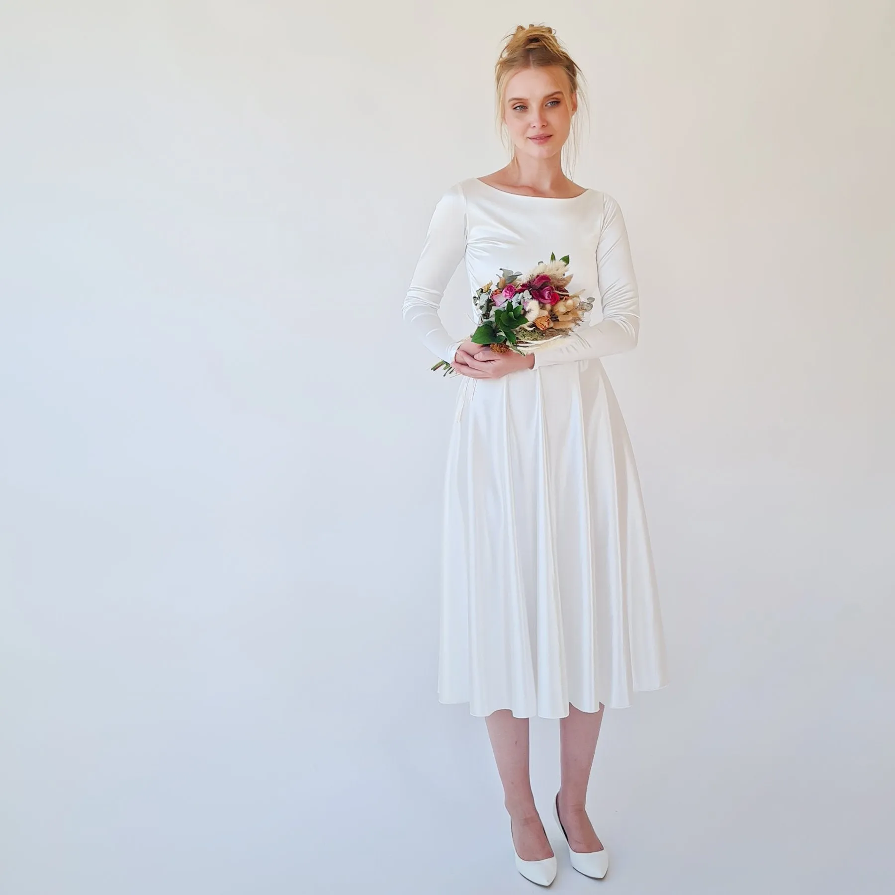 Short wedding dress, Silky Satin Off the shoulder Midi Wedding Dress, #1359