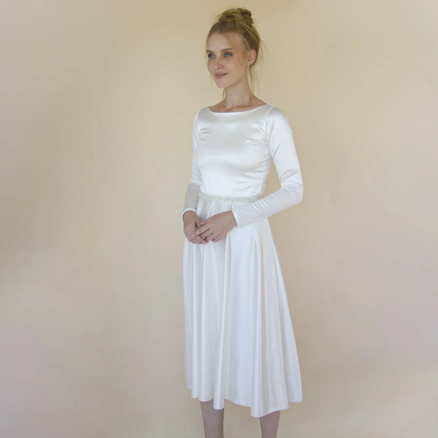 Short wedding dress, Silky Satin Off the shoulder Midi Wedding Dress, #1359
