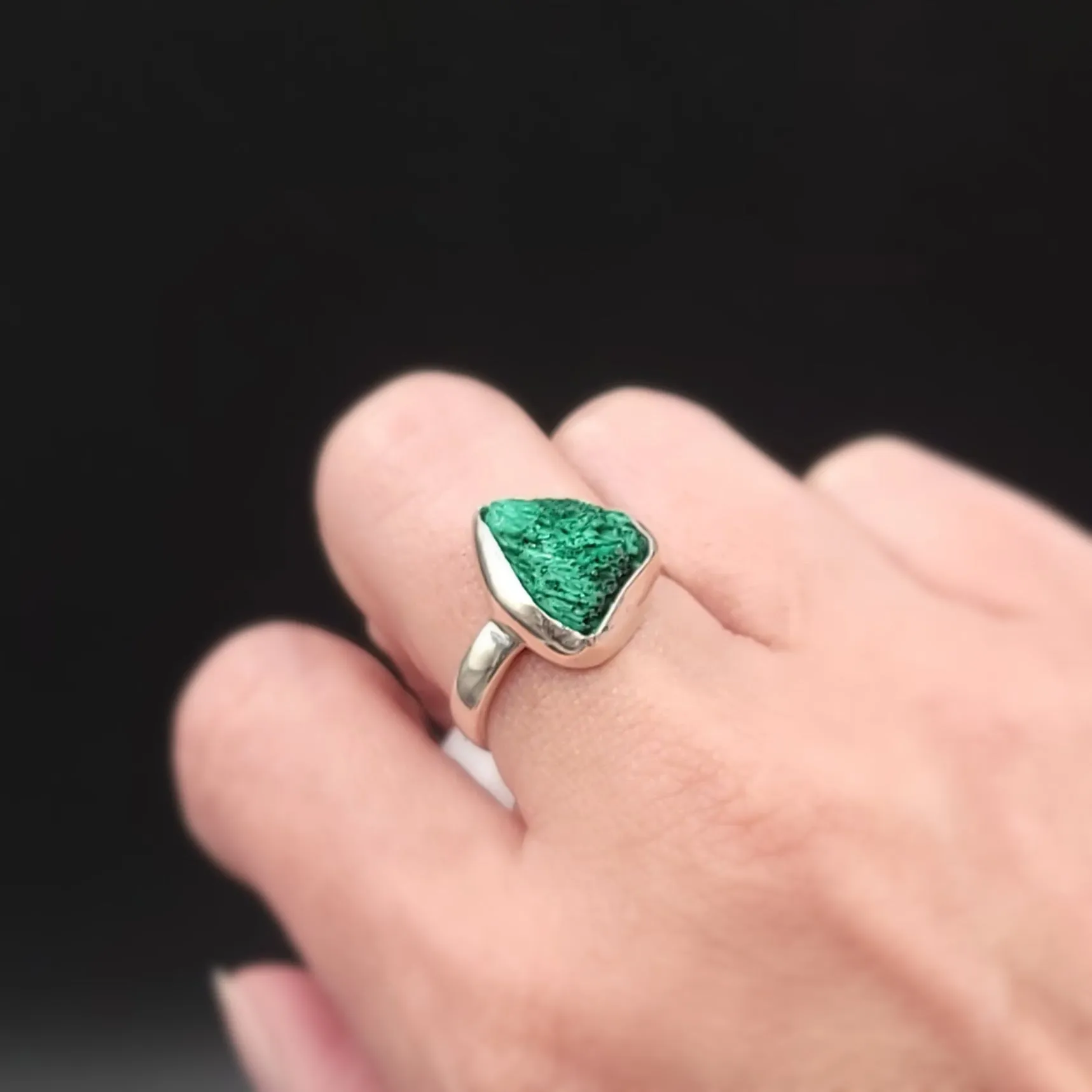 Silk Malachite Ring Sterling Silver Band Fibrous Druzy Size 8