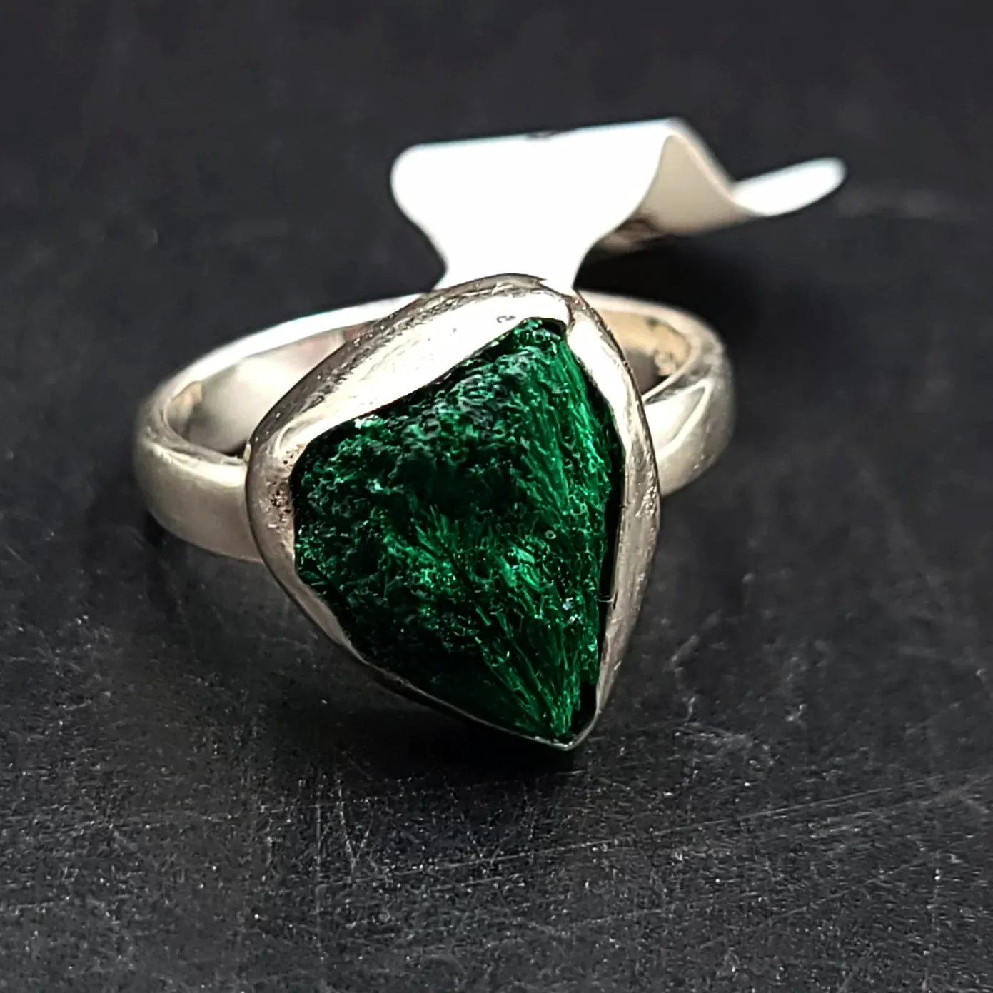 Silk Malachite Ring Sterling Silver Band Fibrous Druzy Size 8