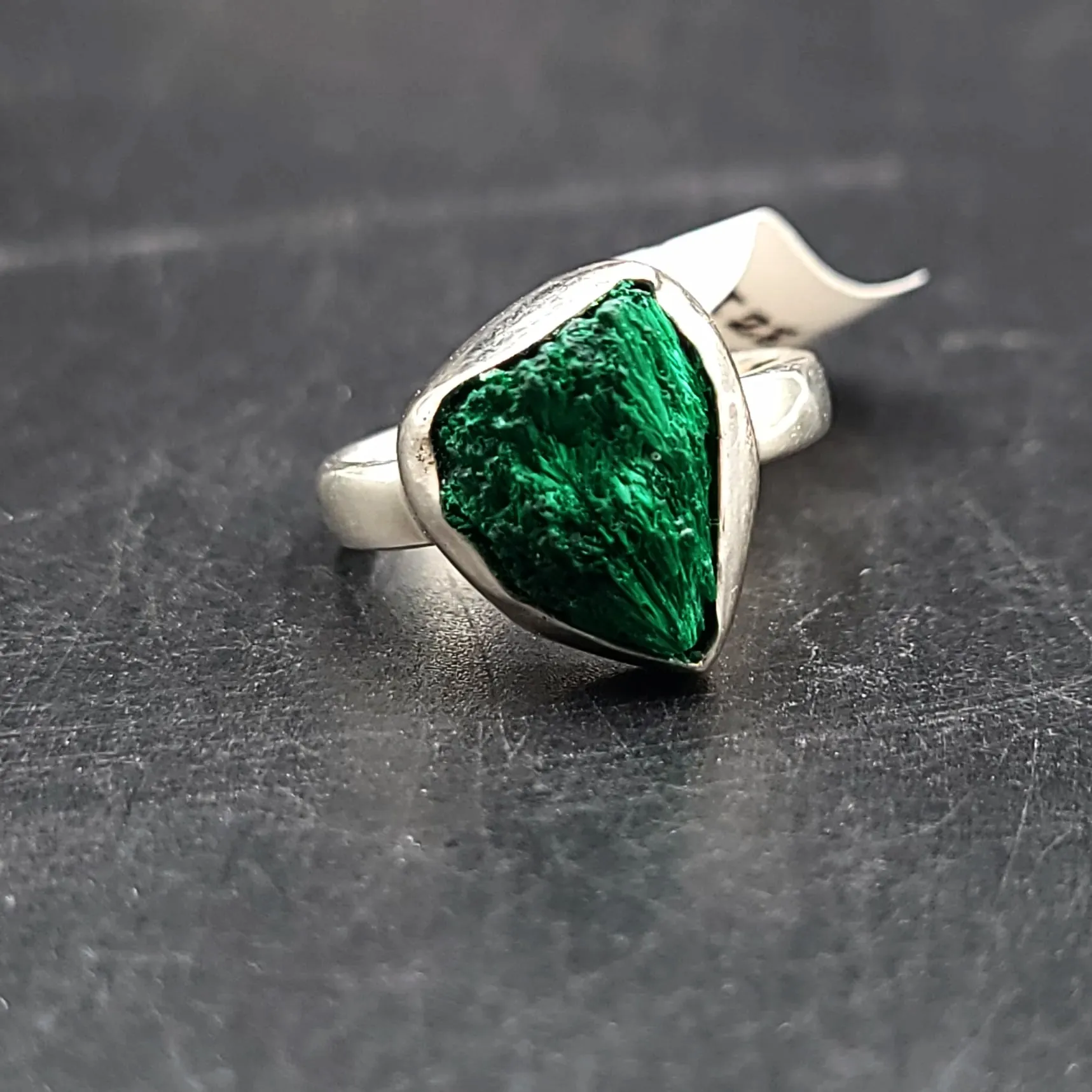 Silk Malachite Ring Sterling Silver Band Fibrous Druzy Size 8