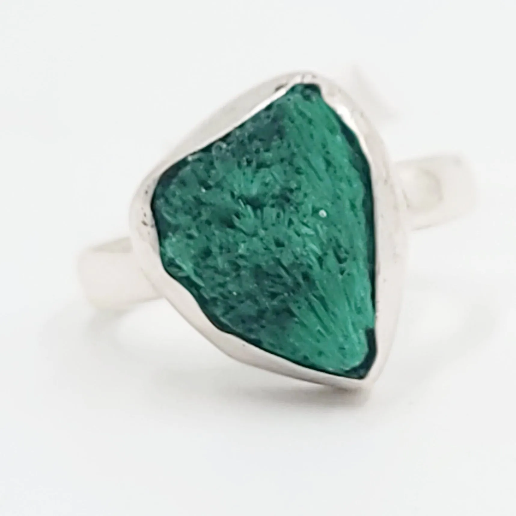 Silk Malachite Ring Sterling Silver Band Fibrous Druzy Size 8