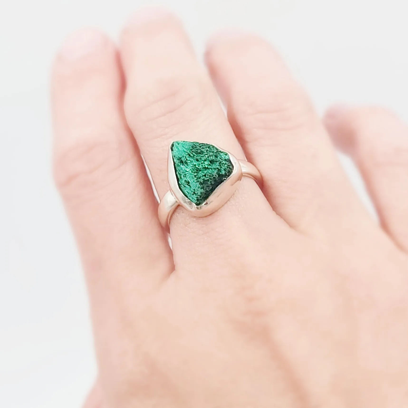 Silk Malachite Ring Sterling Silver Band Fibrous Druzy Size 8