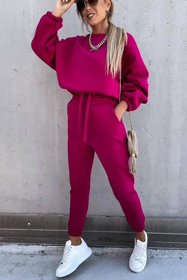 Sporty Style Solid Color Pants Suit