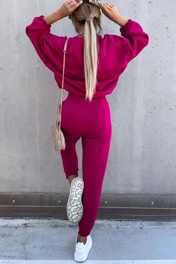 Sporty Style Solid Color Pants Suit