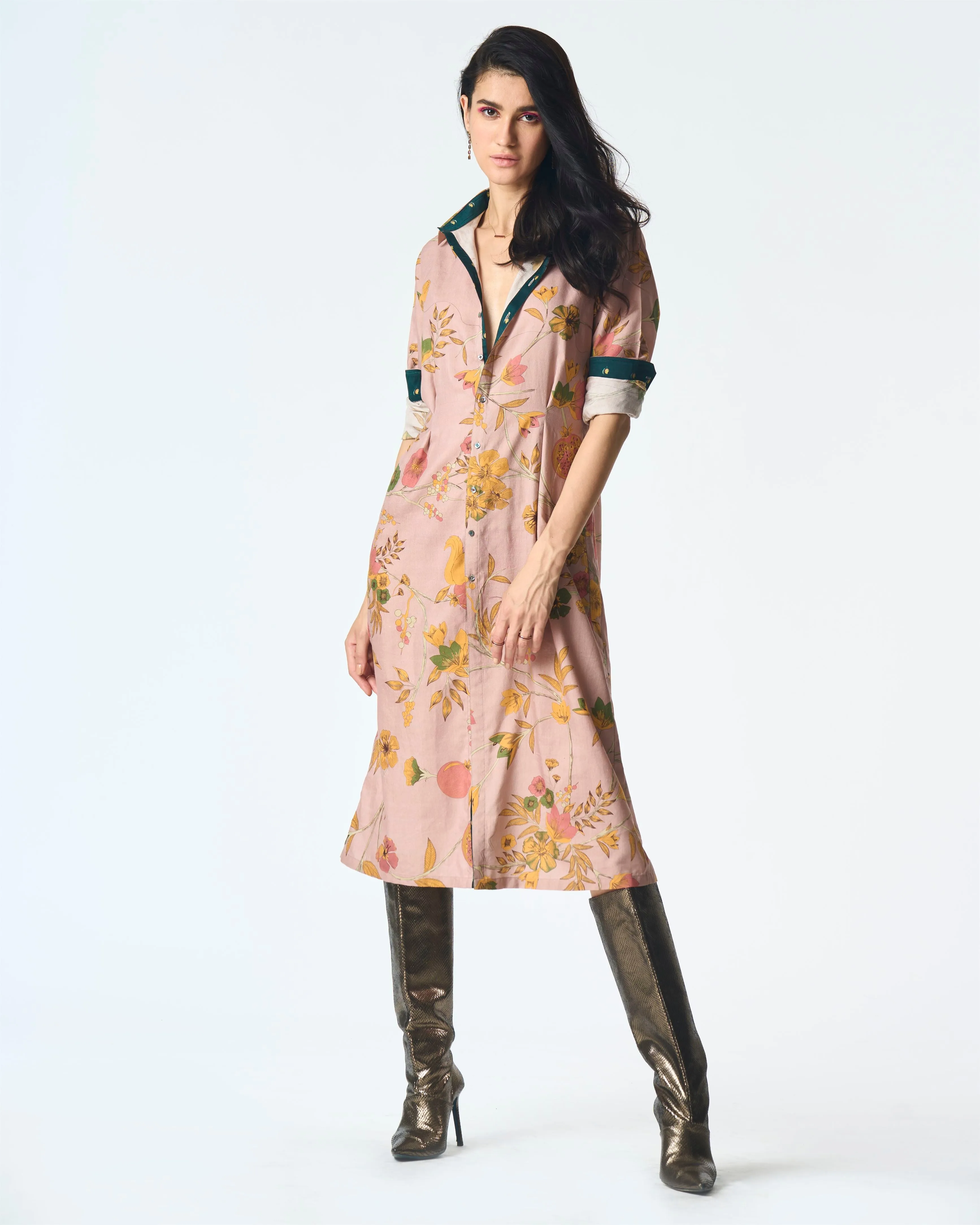 Summer-Dress Pleated Pink Muga Satin Silk-Fashion Edit Orchard-WDR501MT544-SUKETDHIR