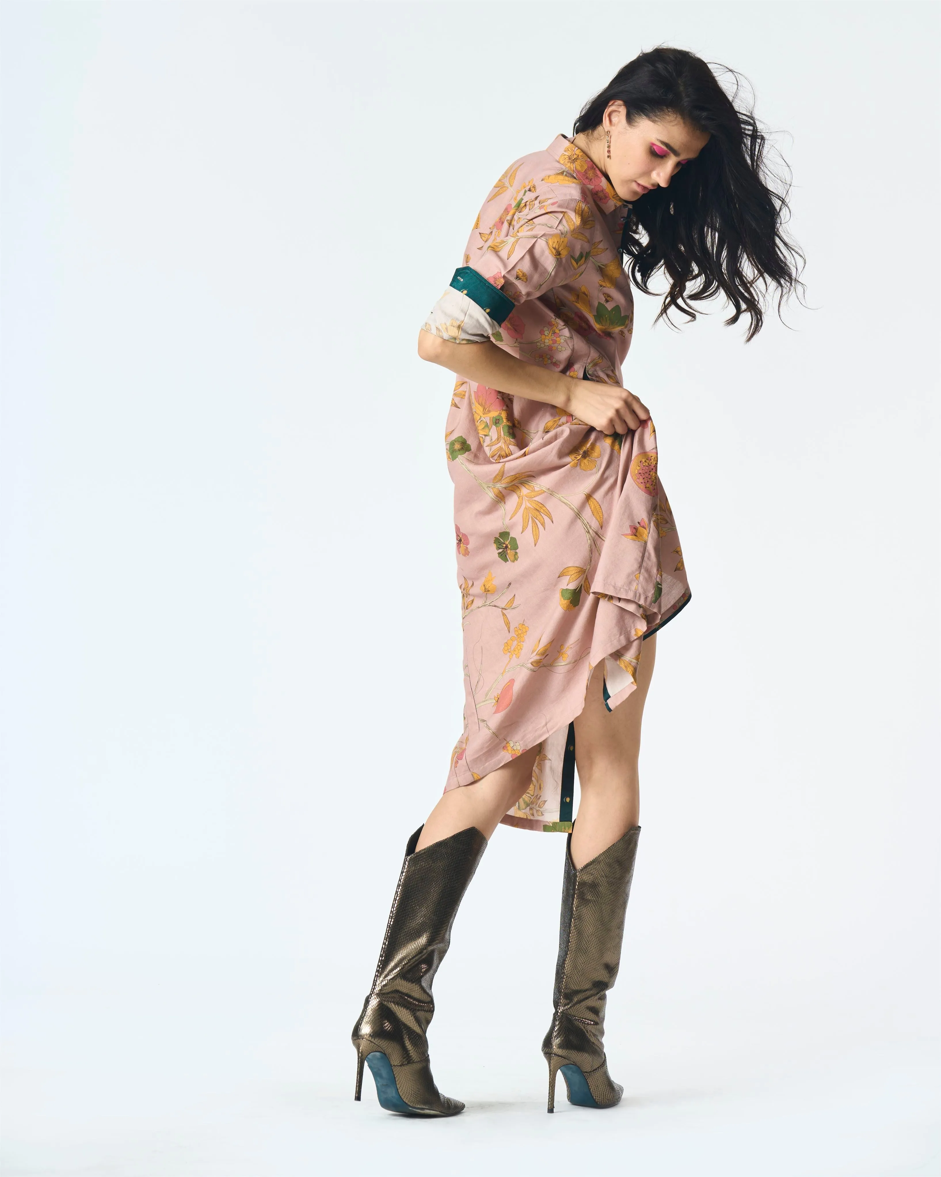 Summer-Dress Pleated Pink Muga Satin Silk-Fashion Edit Orchard-WDR501MT544-SUKETDHIR