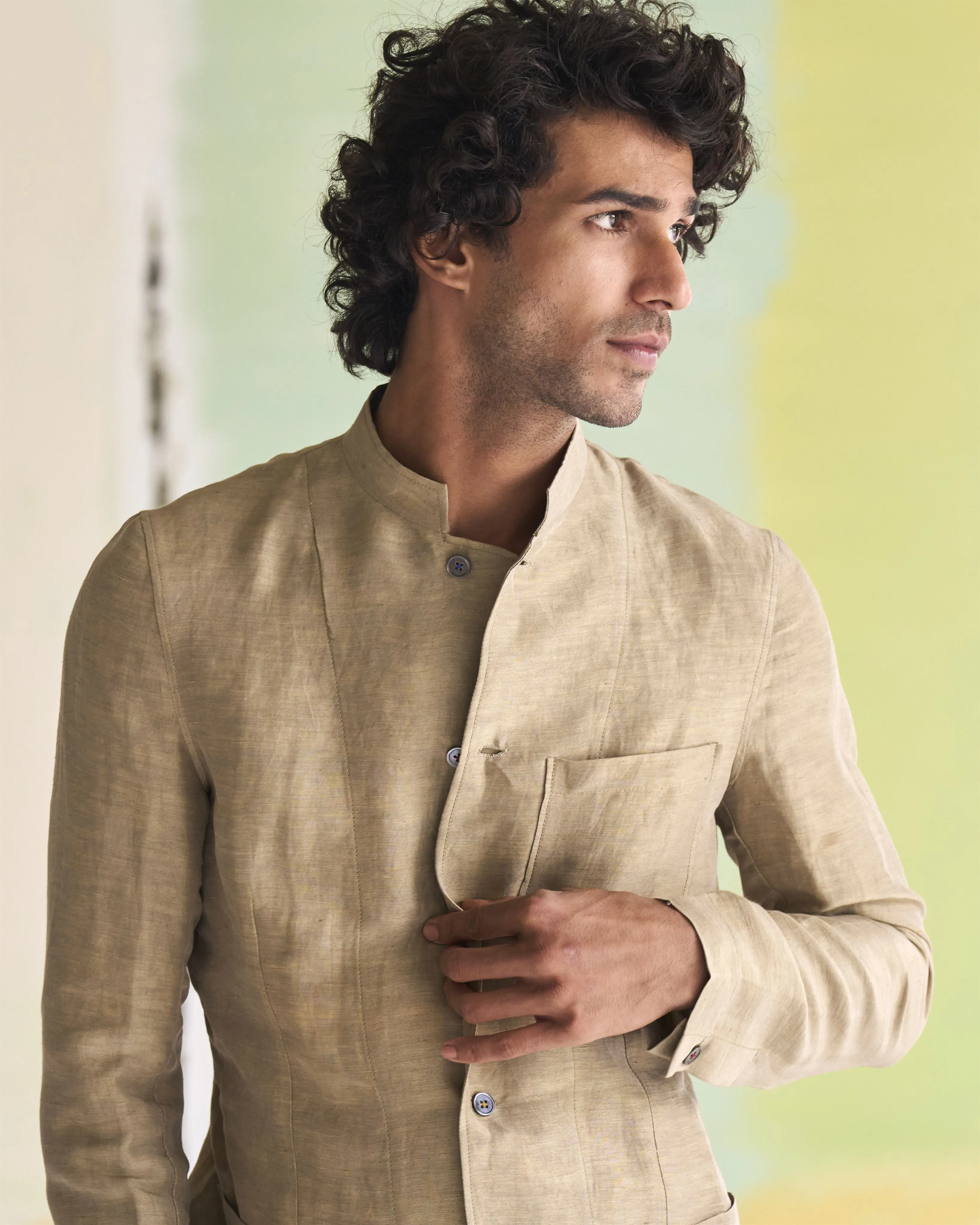 Summer Jacket Jacket Bandhgala Linen Satin Oyster Grey OW305SL87 SuketDhir