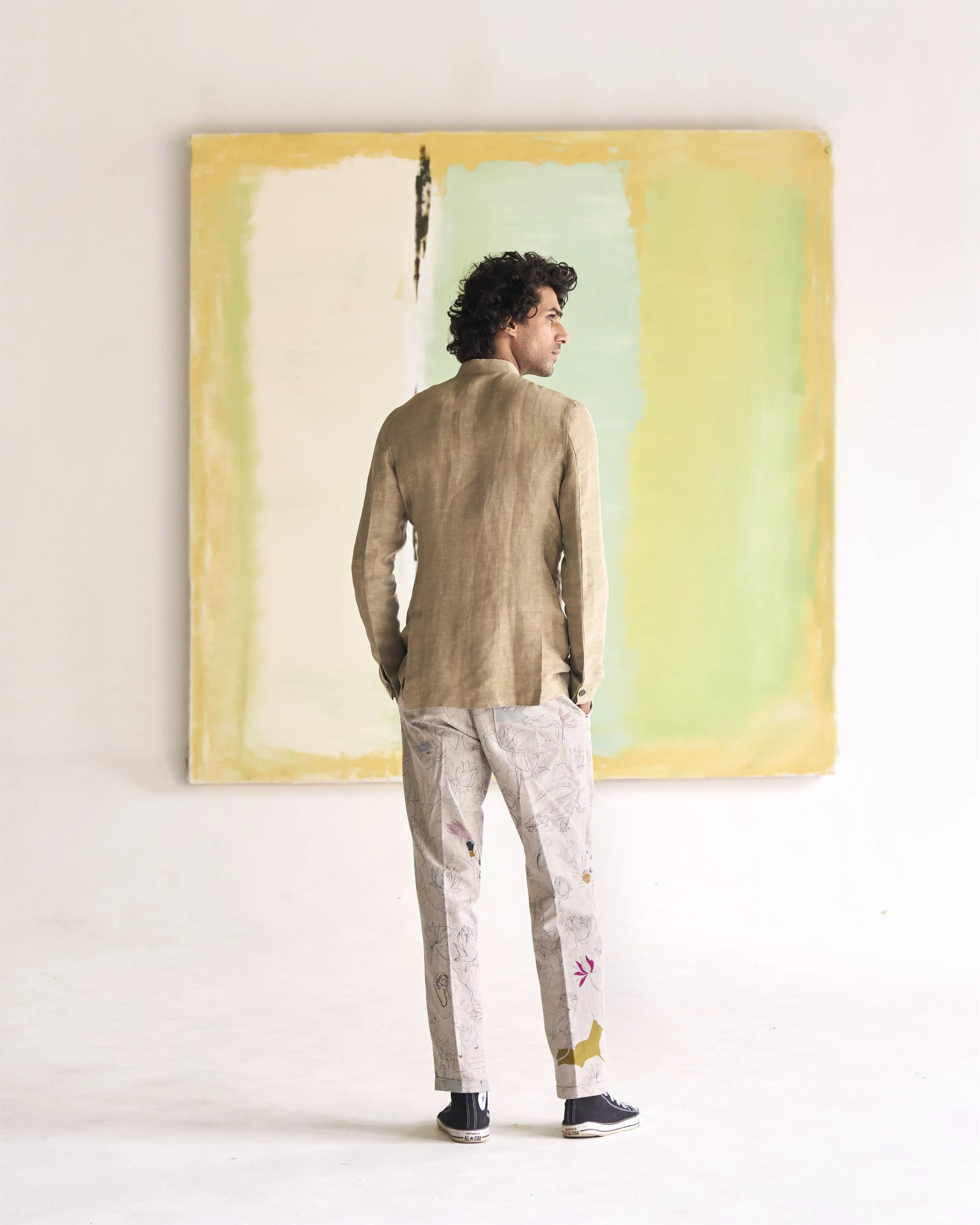 Summer Jacket Jacket Bandhgala Linen Satin Oyster Grey OW305SL87 SuketDhir