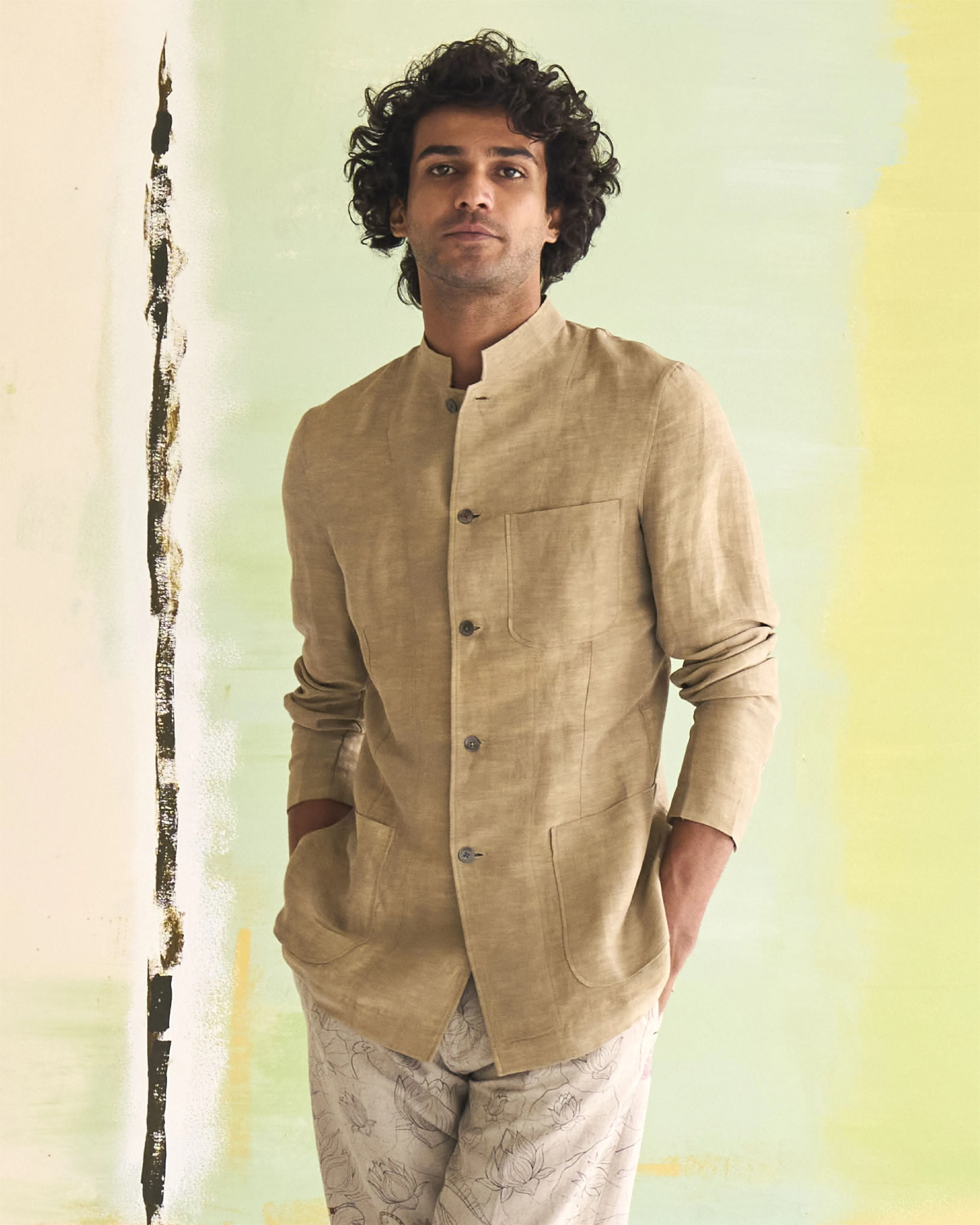 Summer Jacket Jacket Bandhgala Linen Satin Oyster Grey OW305SL87 SuketDhir