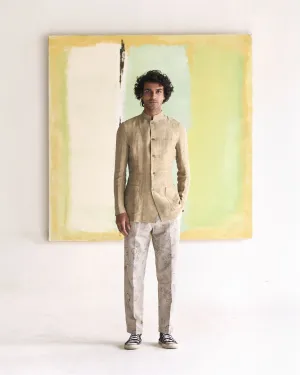 Summer Jacket Jacket Bandhgala Linen Satin Oyster Grey OW305SL87 SuketDhir